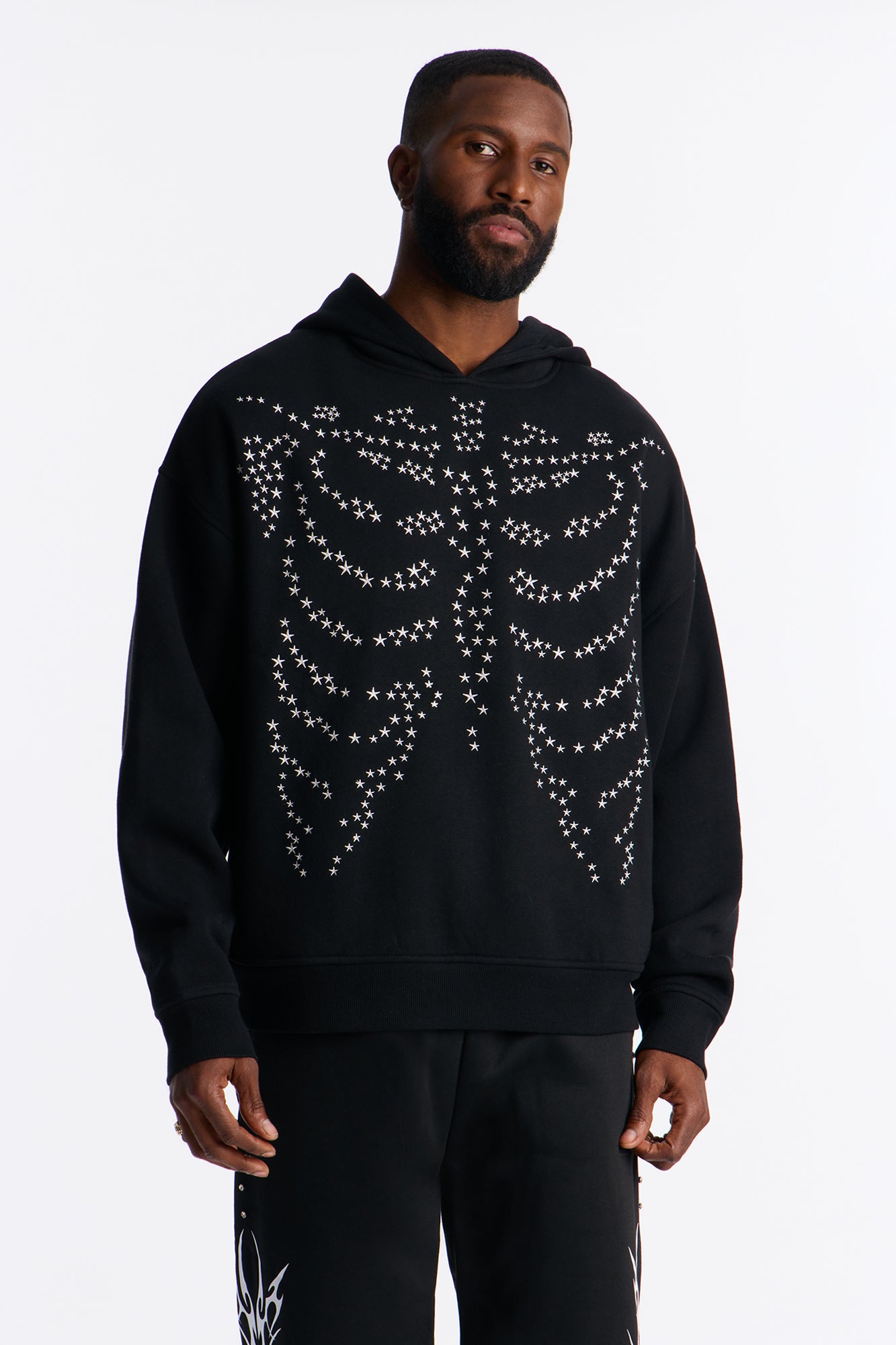 Skeleton Stars Embroidered Oversized Hoodie - Black