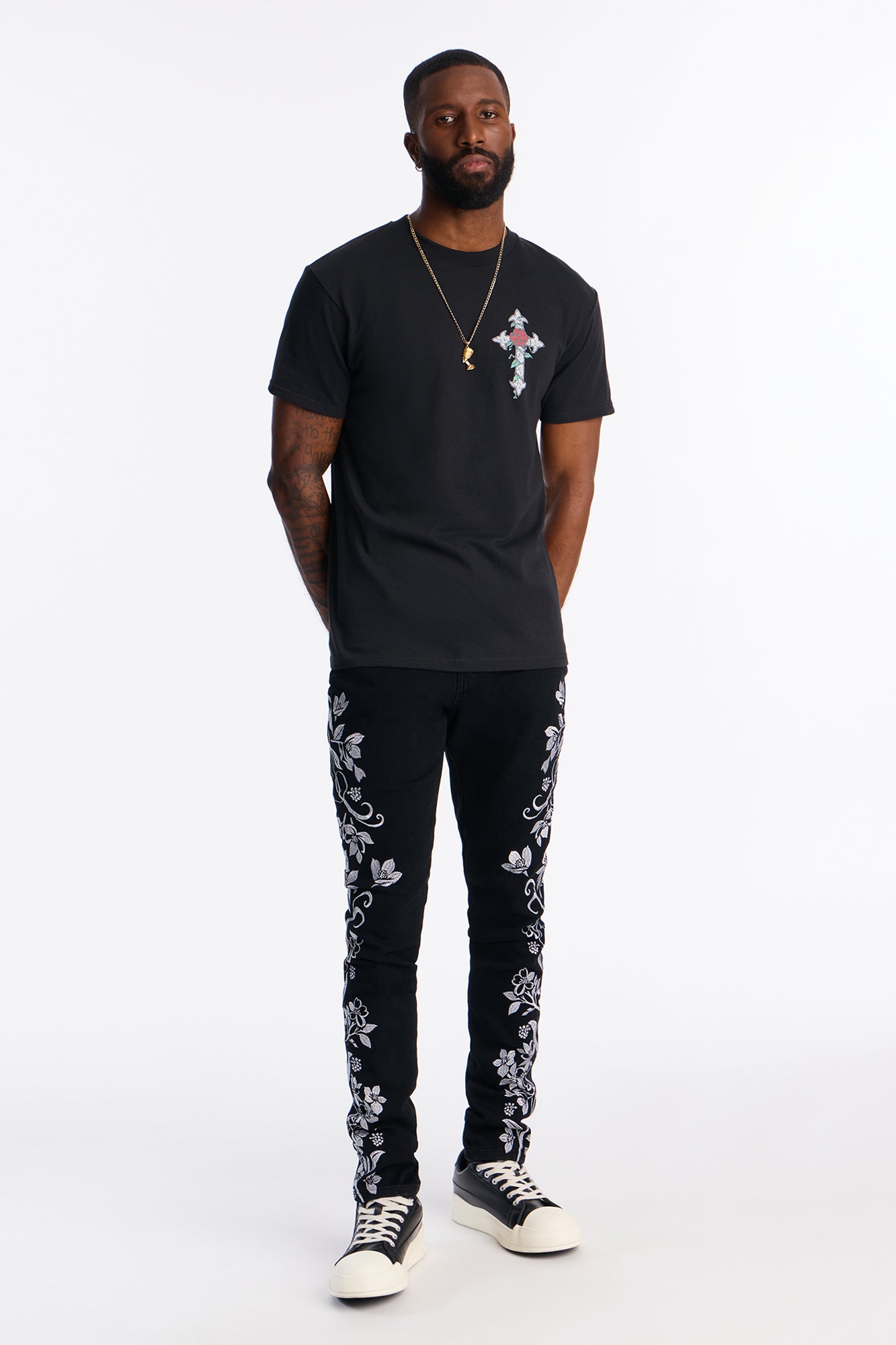 Stacked Skinny Floral Embroidered Jean - Black