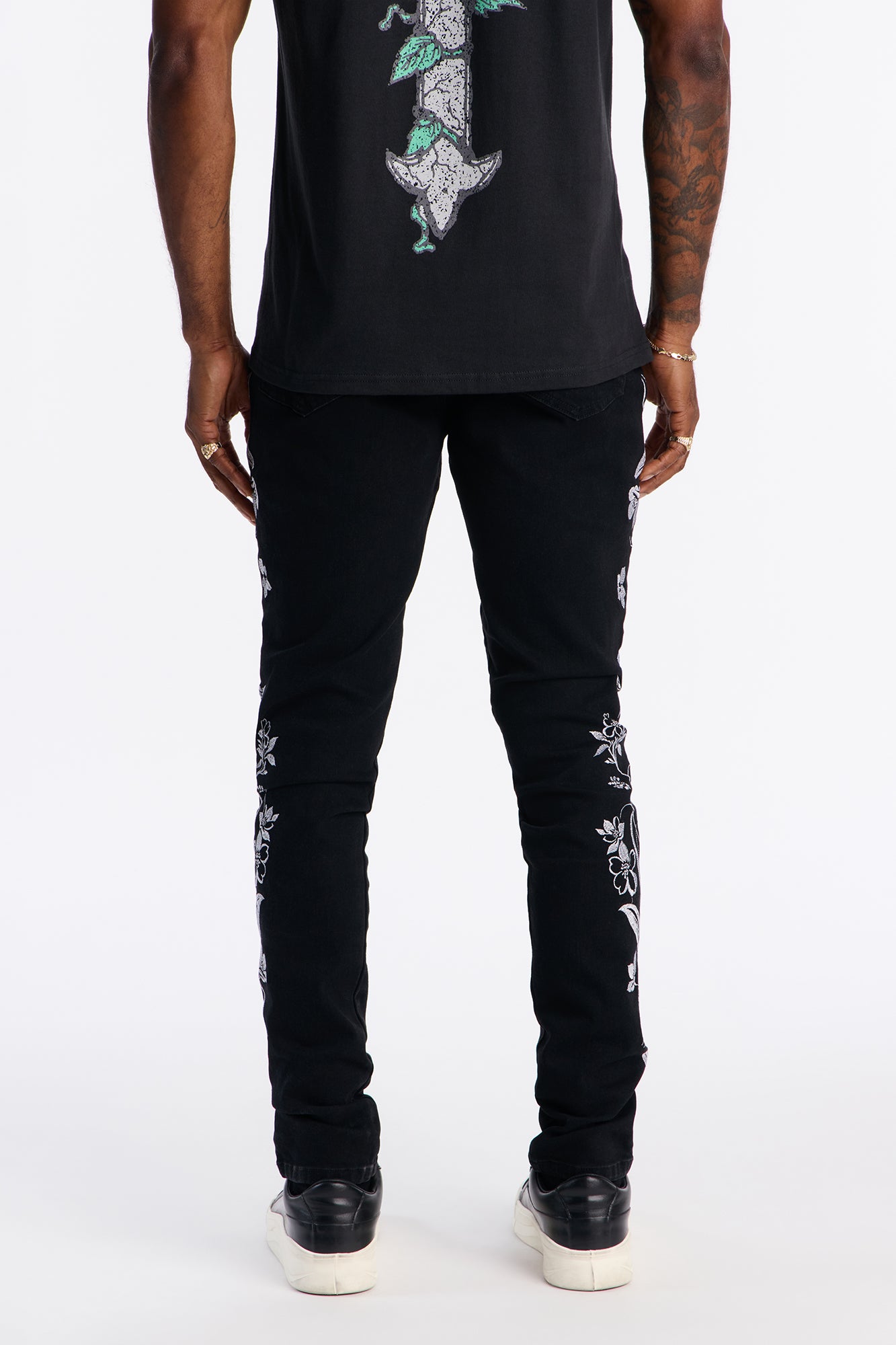 Stacked Skinny Floral Embroidered Jean - Black