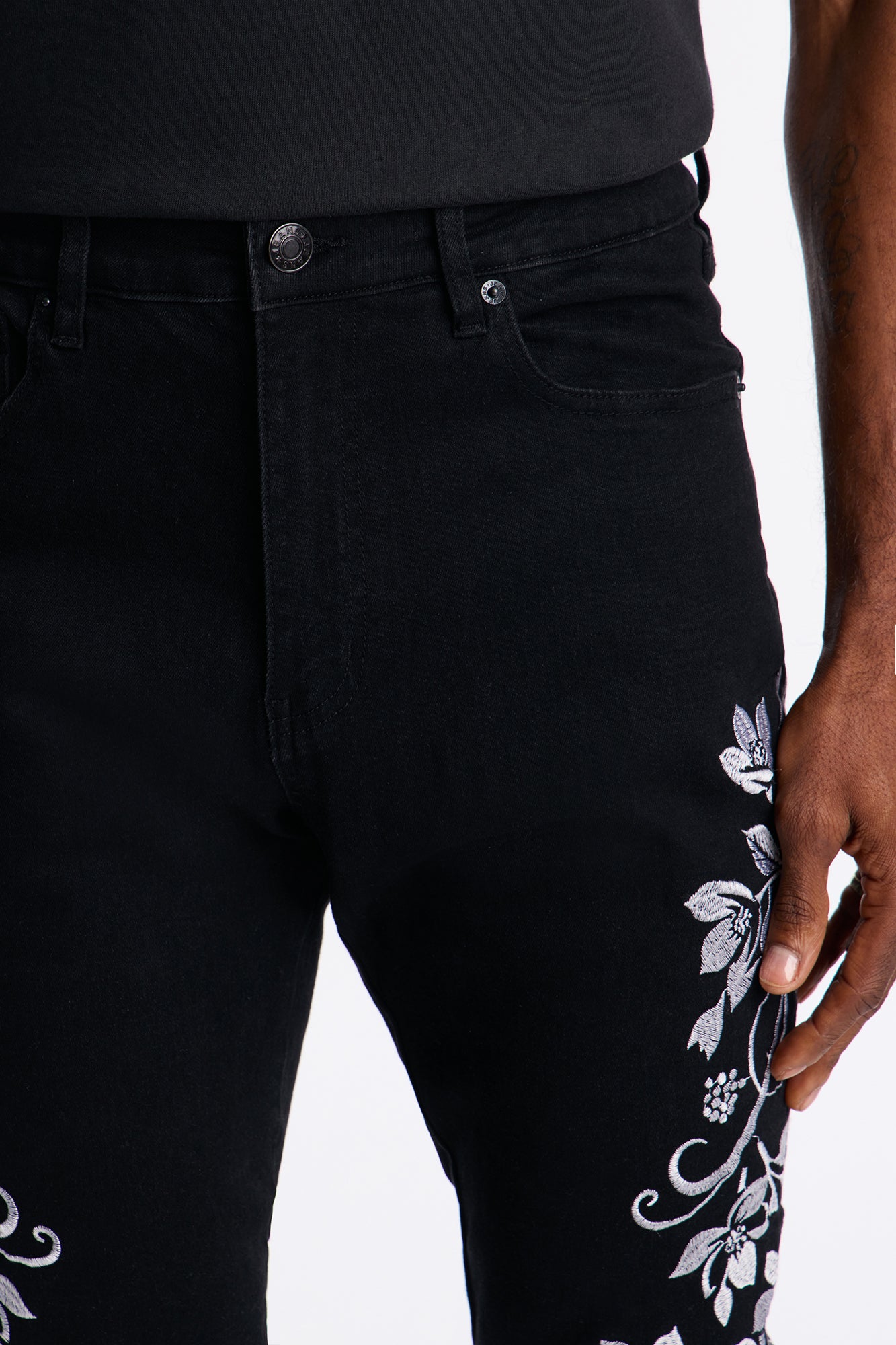 Stacked Skinny Floral Embroidered Jean - Black