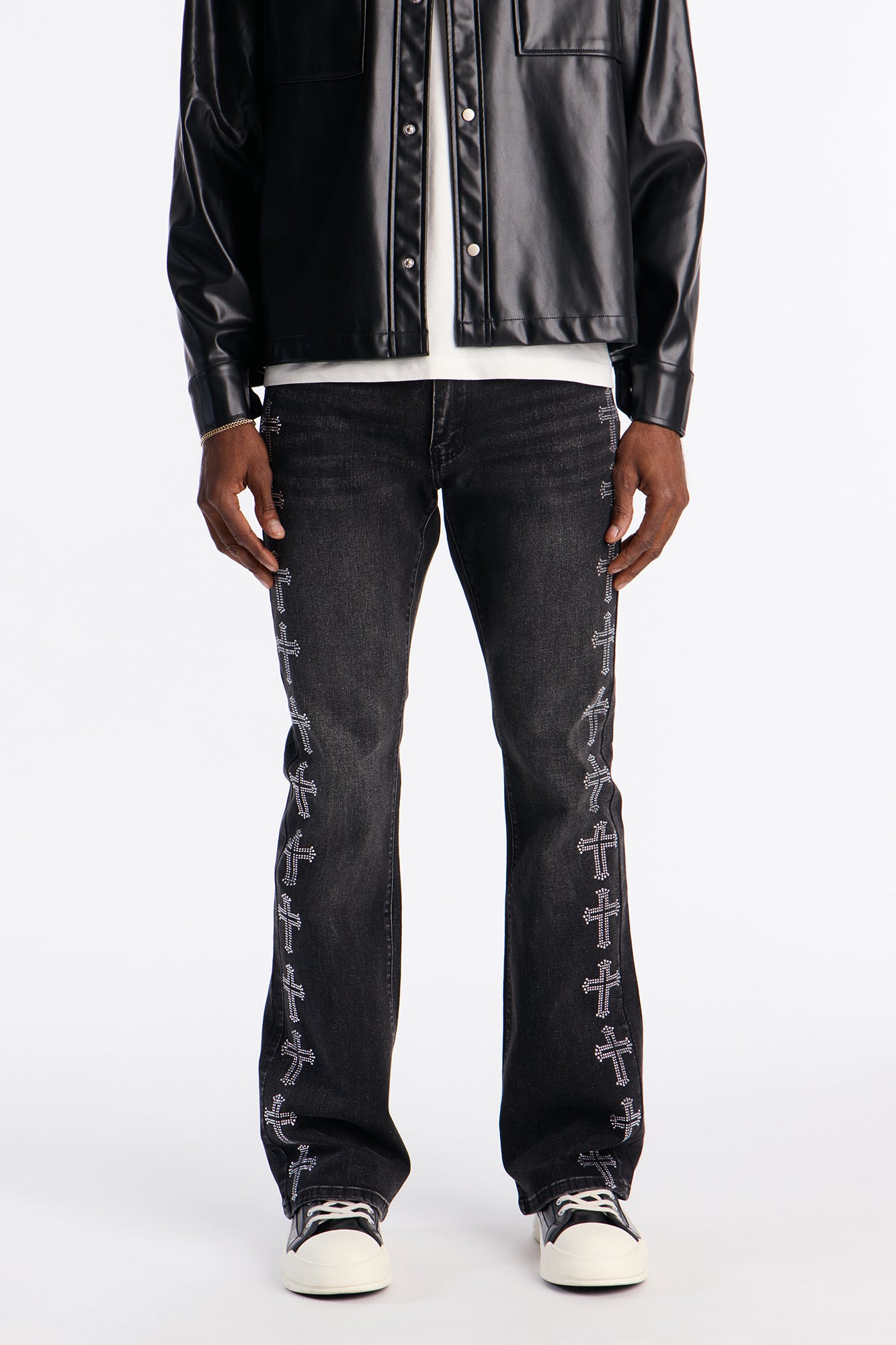 Stacked Skinny Flare Crosses Lined Down Jeweled Jean - Black Wash