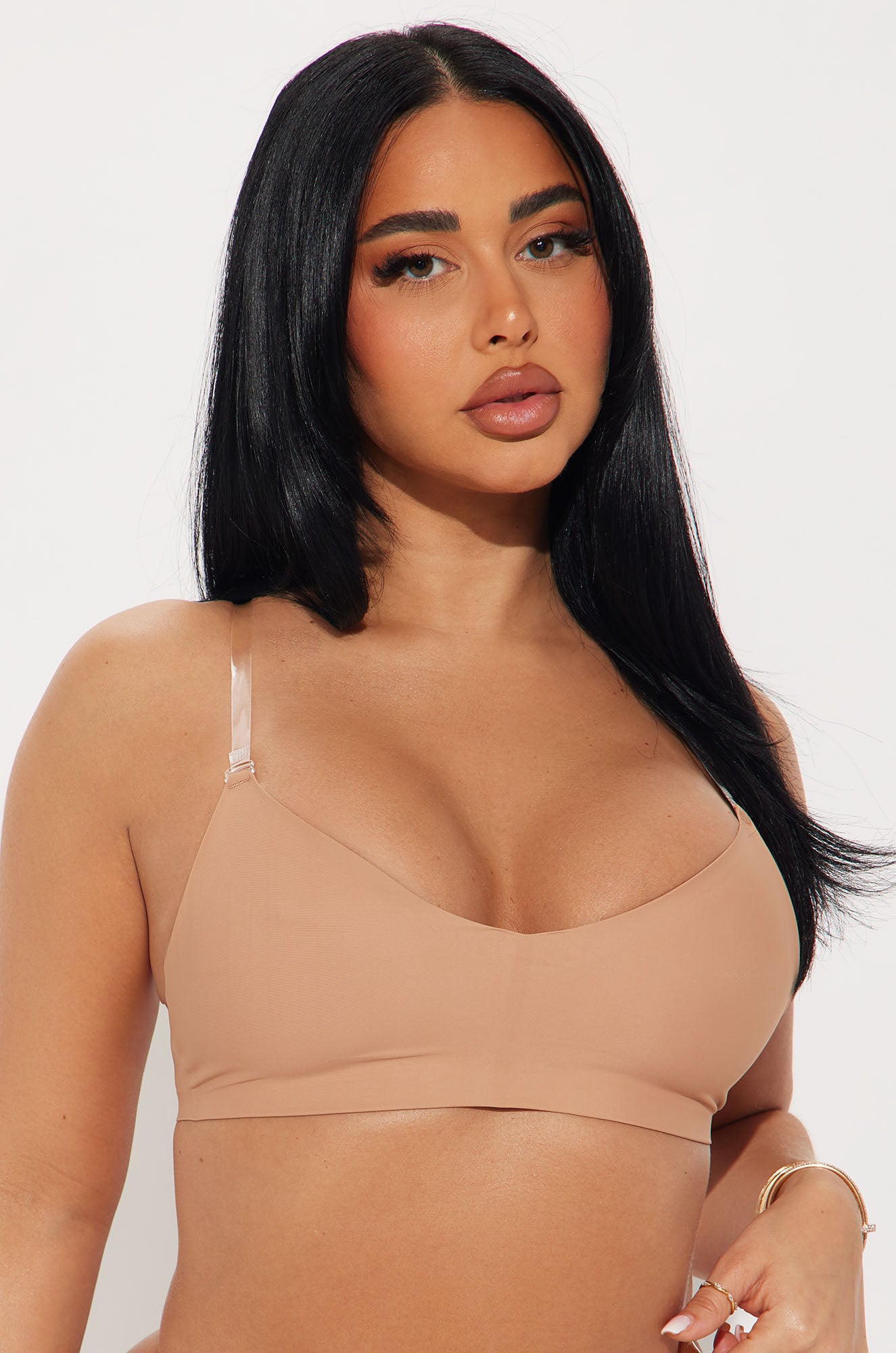 No Show Microfiber Clear Strap Bralette - Nude