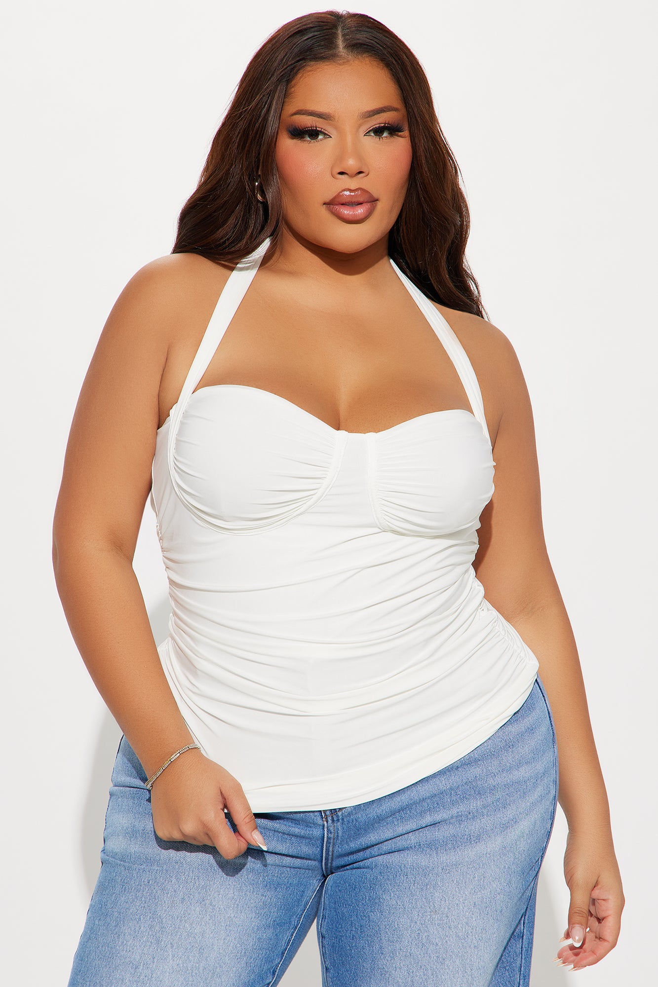 Just A Feeling Ruched Halter Top - White