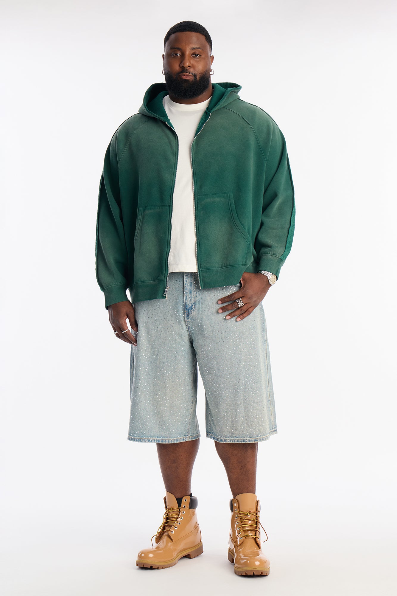 Extra Raw Faded Distressed Zip Up Hoodie - Green