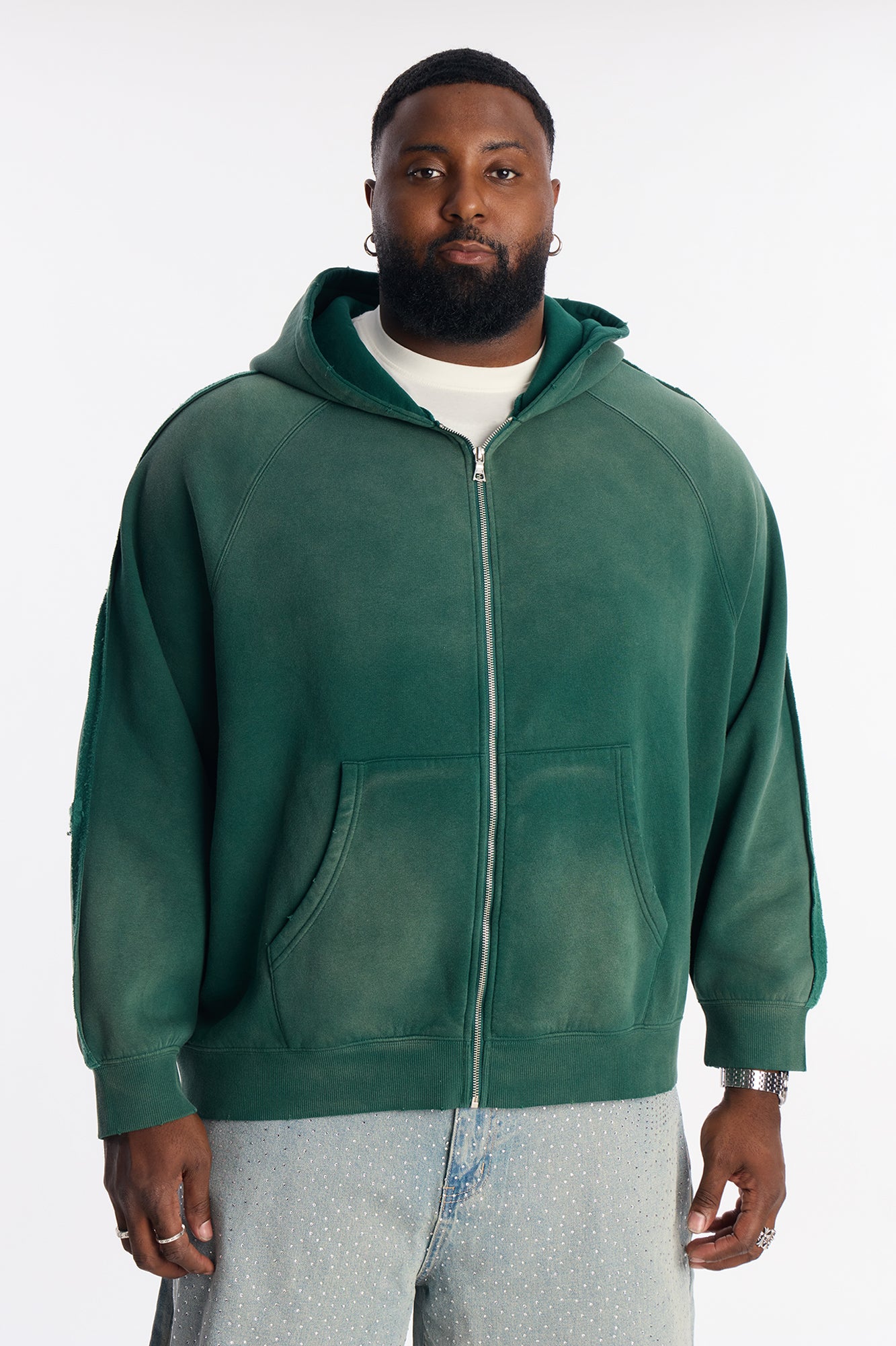 Extra Raw Faded Distressed Zip Up Hoodie - Green