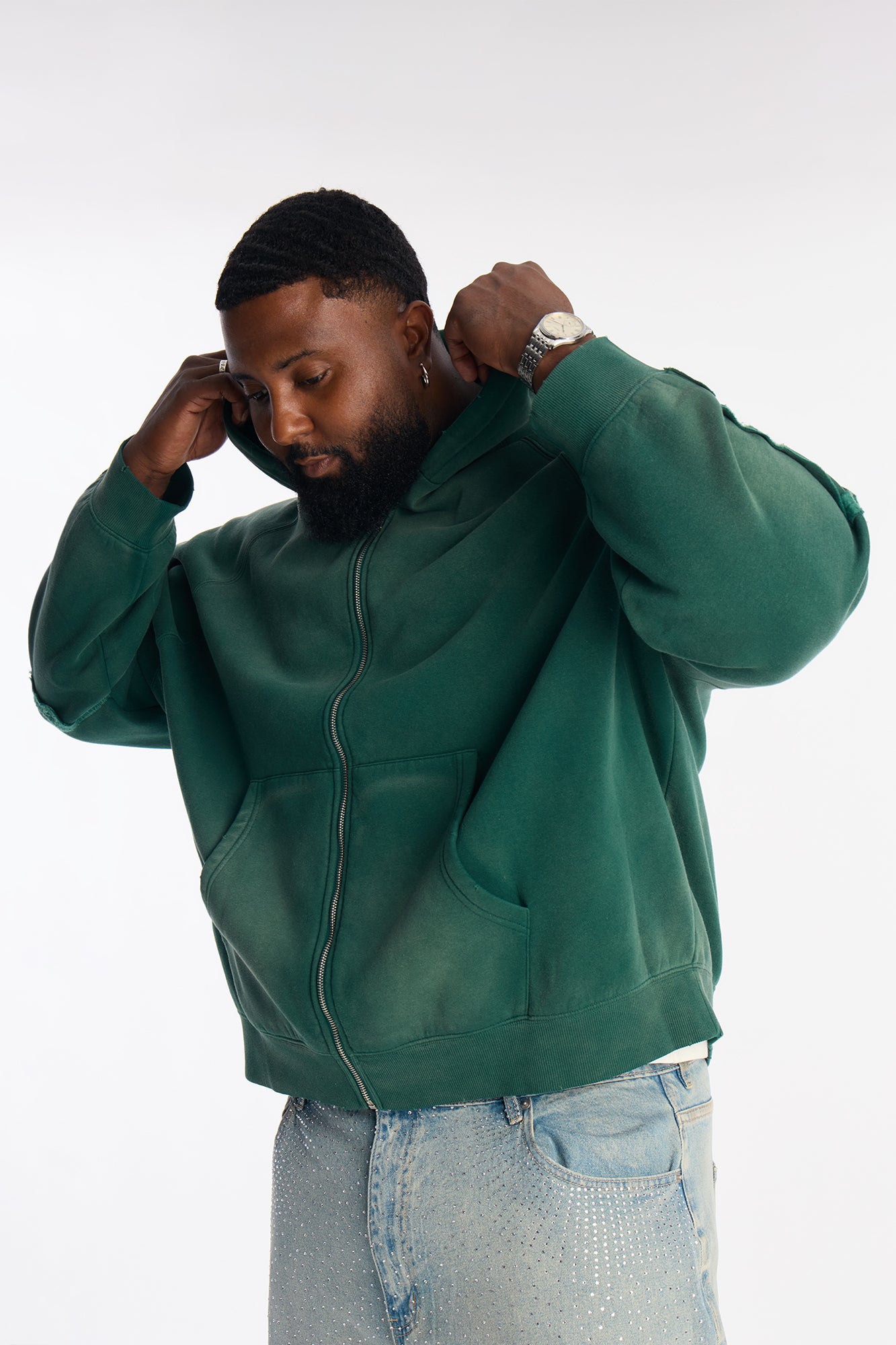 Extra Raw Faded Distressed Zip Up Hoodie - Green