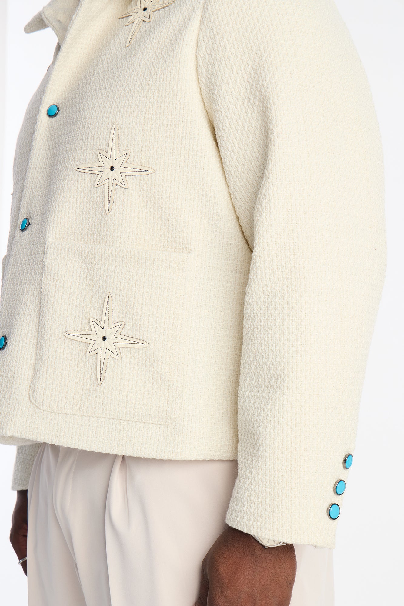 Cropped Tweed Bright Etoile Button Up Jacket - Off White