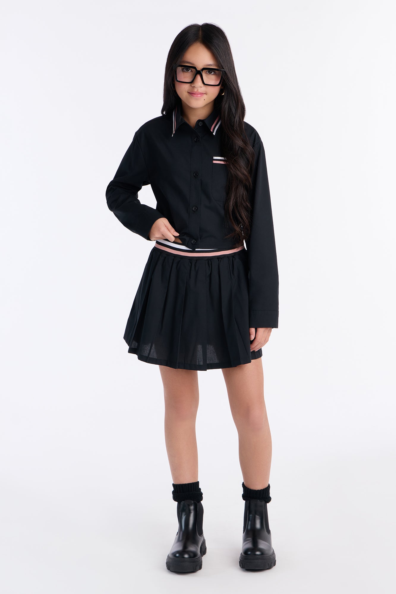 Mini Mia Pleated Skirt Set - Black