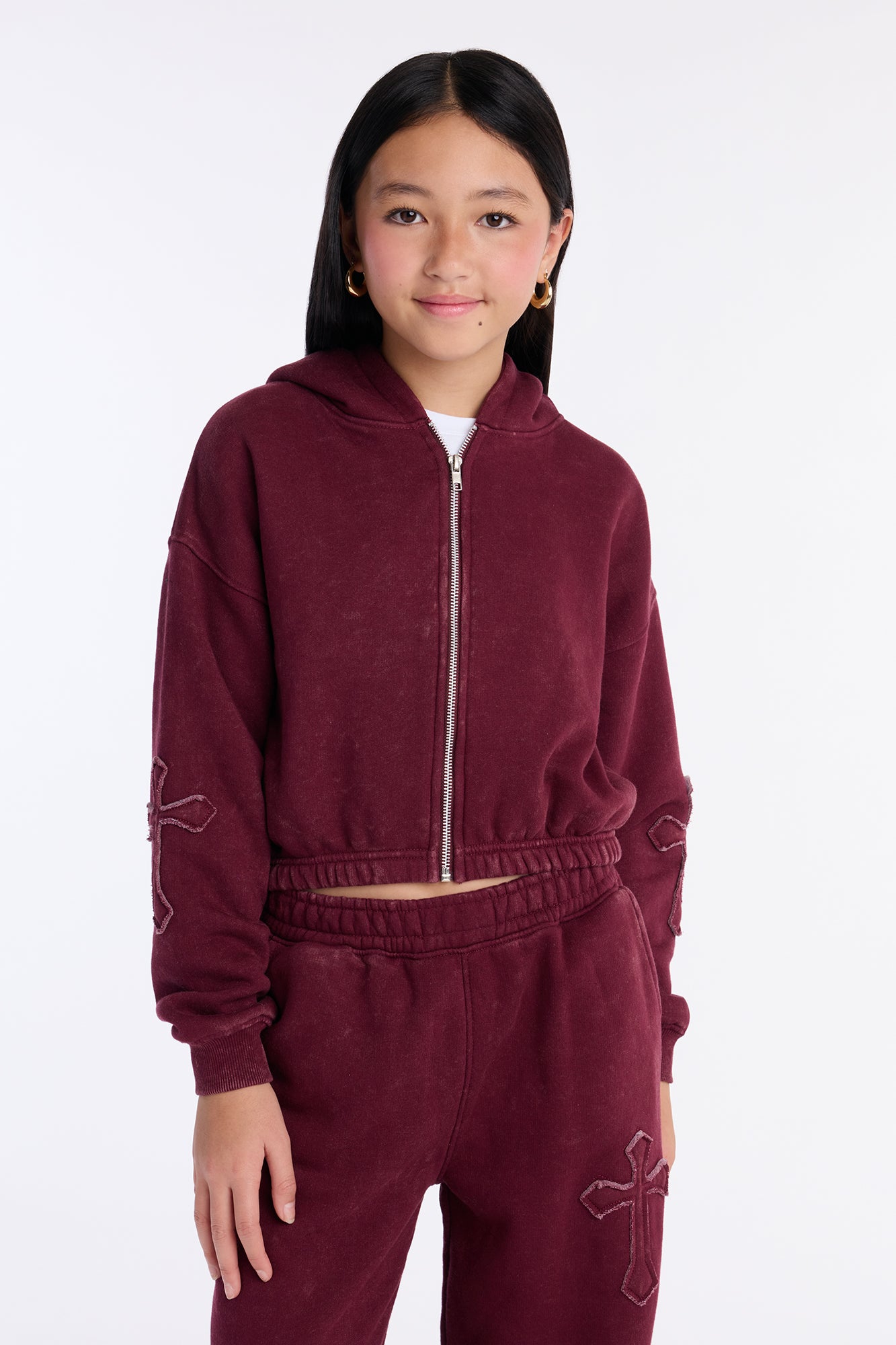Mini Don't Cross Me Washed Fleece Lounge Hoodie - Burgundy