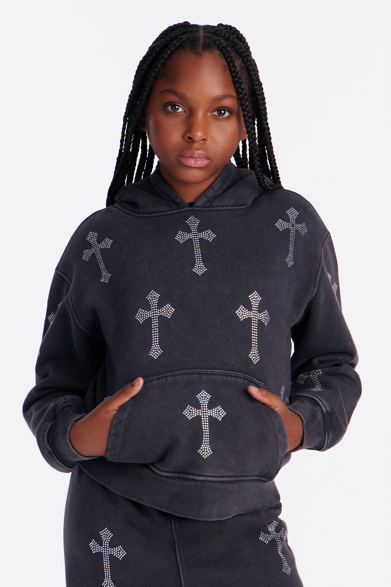 Mini Sunday Rhinestone Washed Hoodie - Black Wash