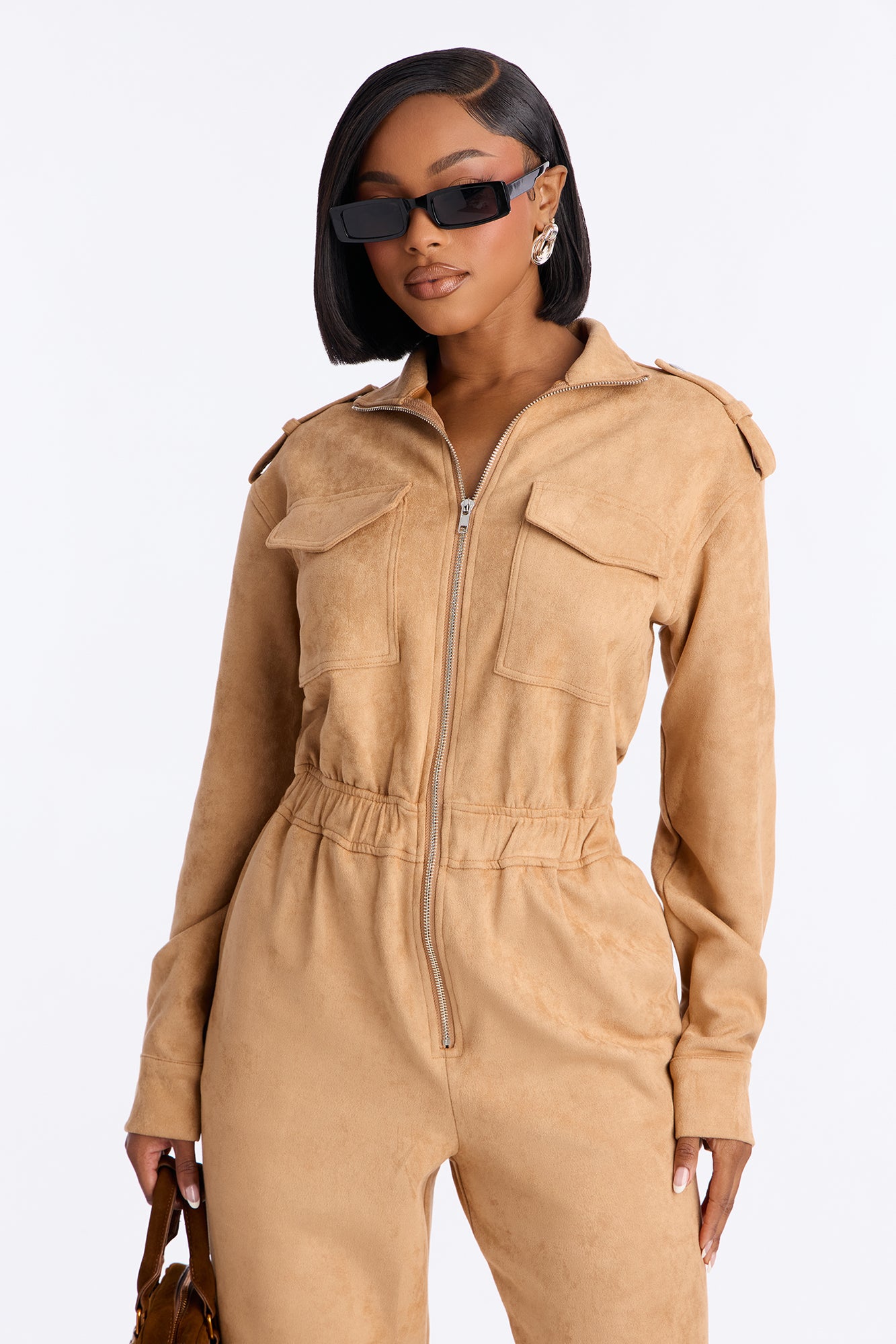 Sofia Suede Long Sleeve Cargo Jogger Jumpsuit - Taupe
