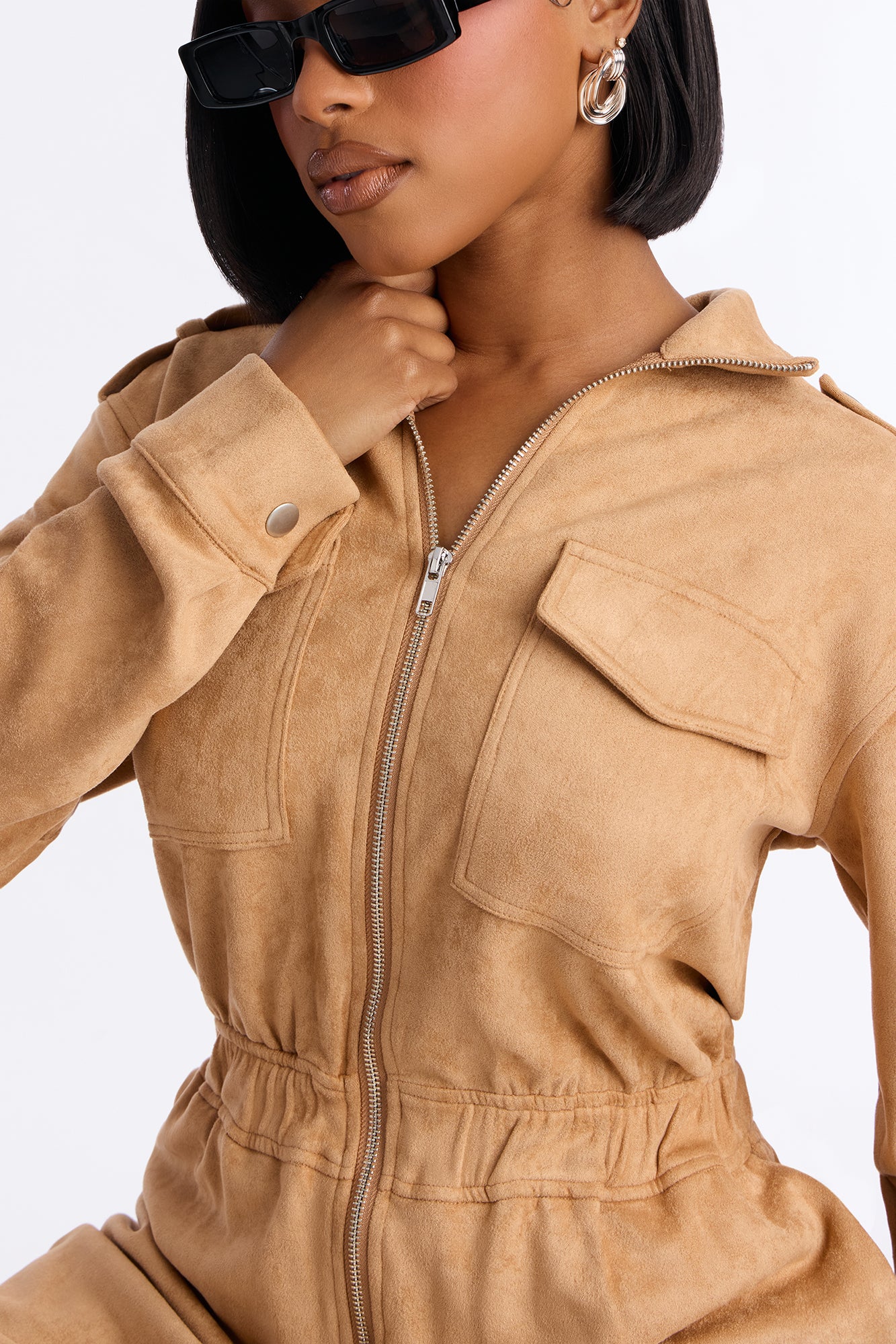 Sofia Suede Long Sleeve Cargo Jogger Jumpsuit - Taupe