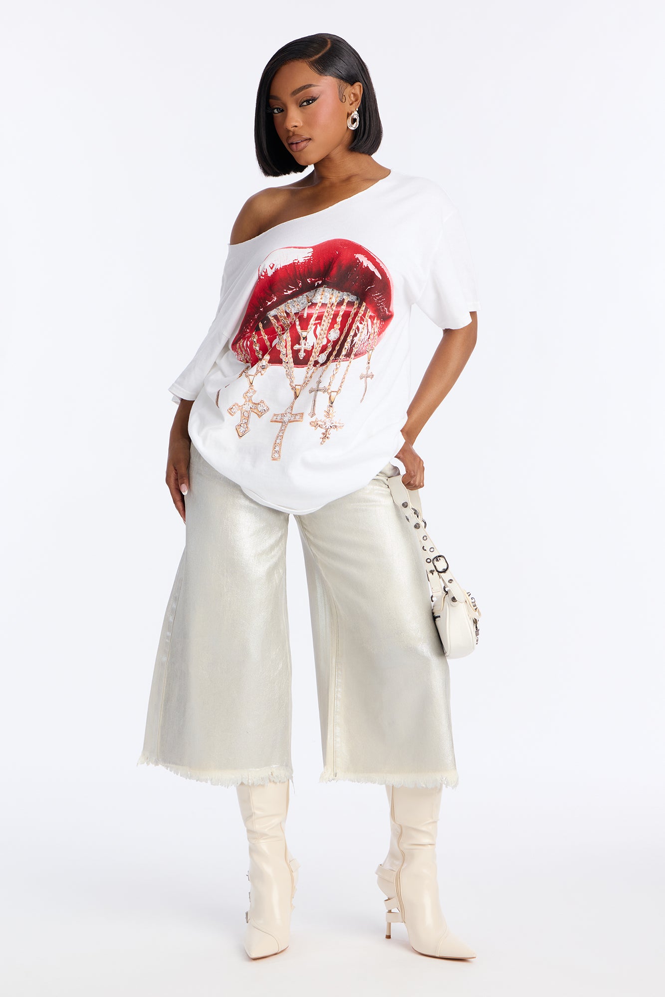 Sealed Lips Off Shoulder TShirt - White