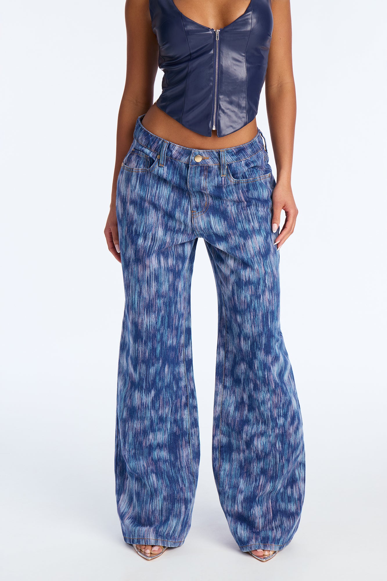Moodwash Printed Wide Leg Jeans - Medium Wash