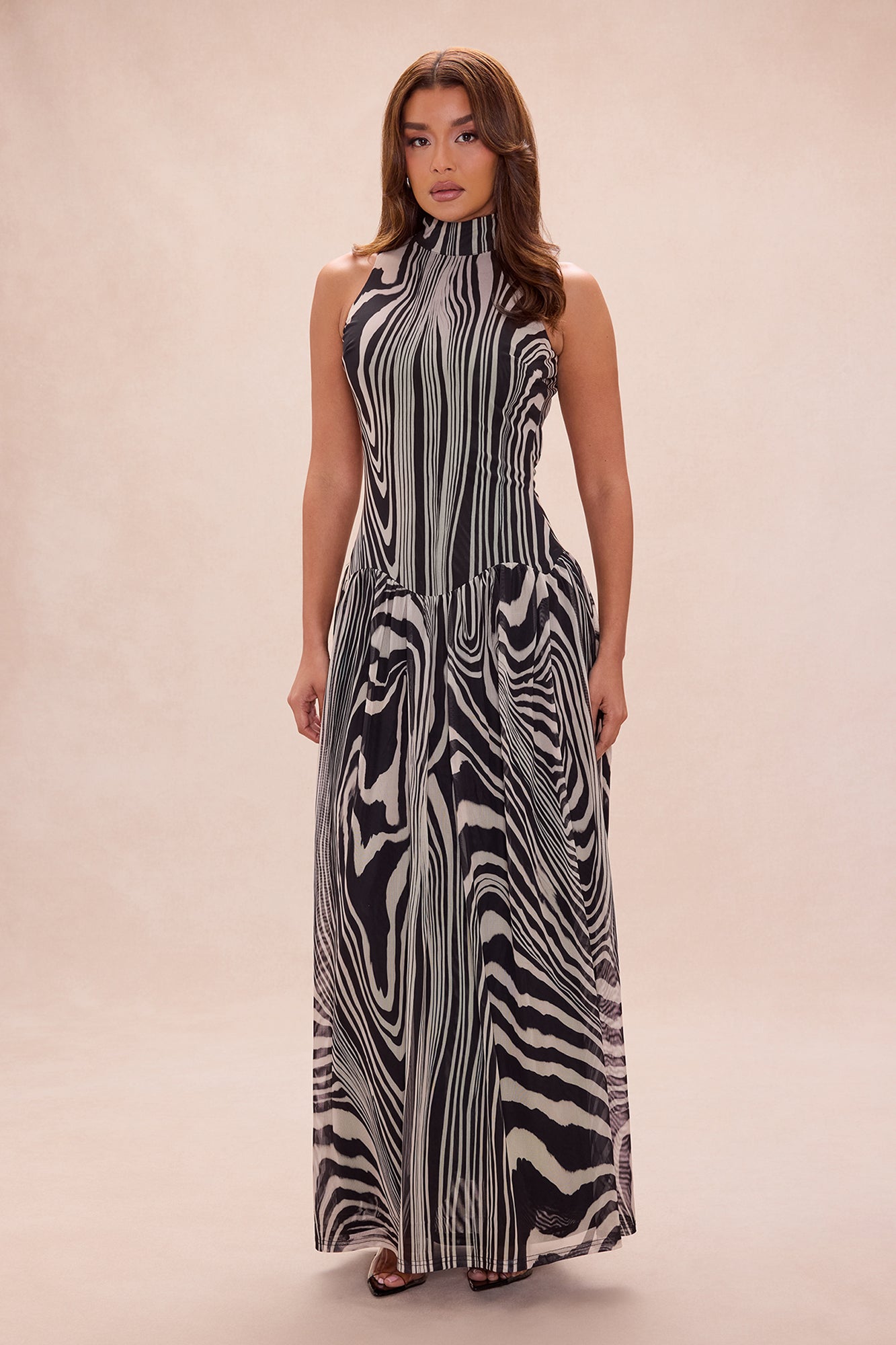 Jaylin Backless Drop Waist Mesh Maxi Dress - Black/combo