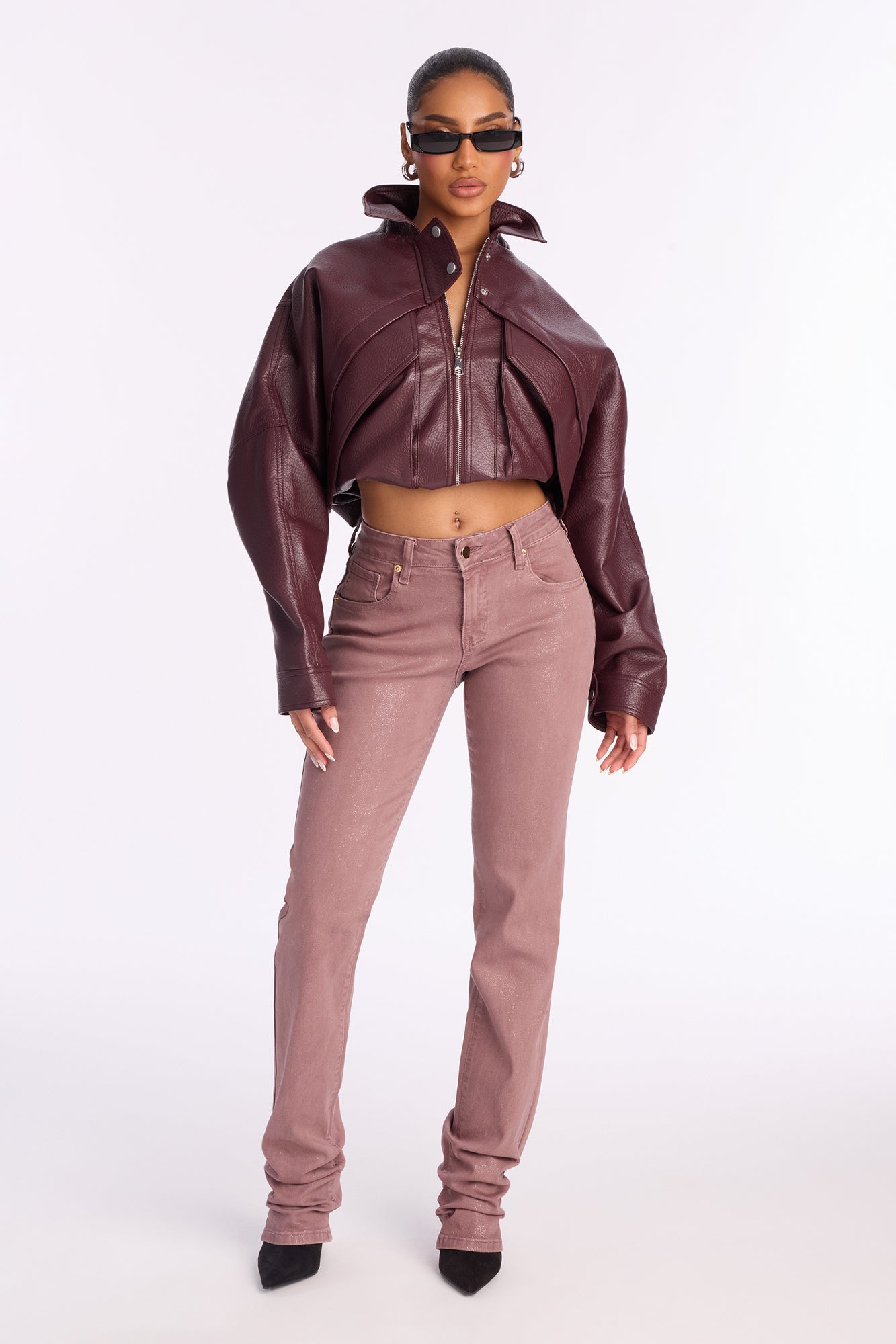 Giselle Glitter Foil Stacked Slim Straight Leg Jean - Mauve