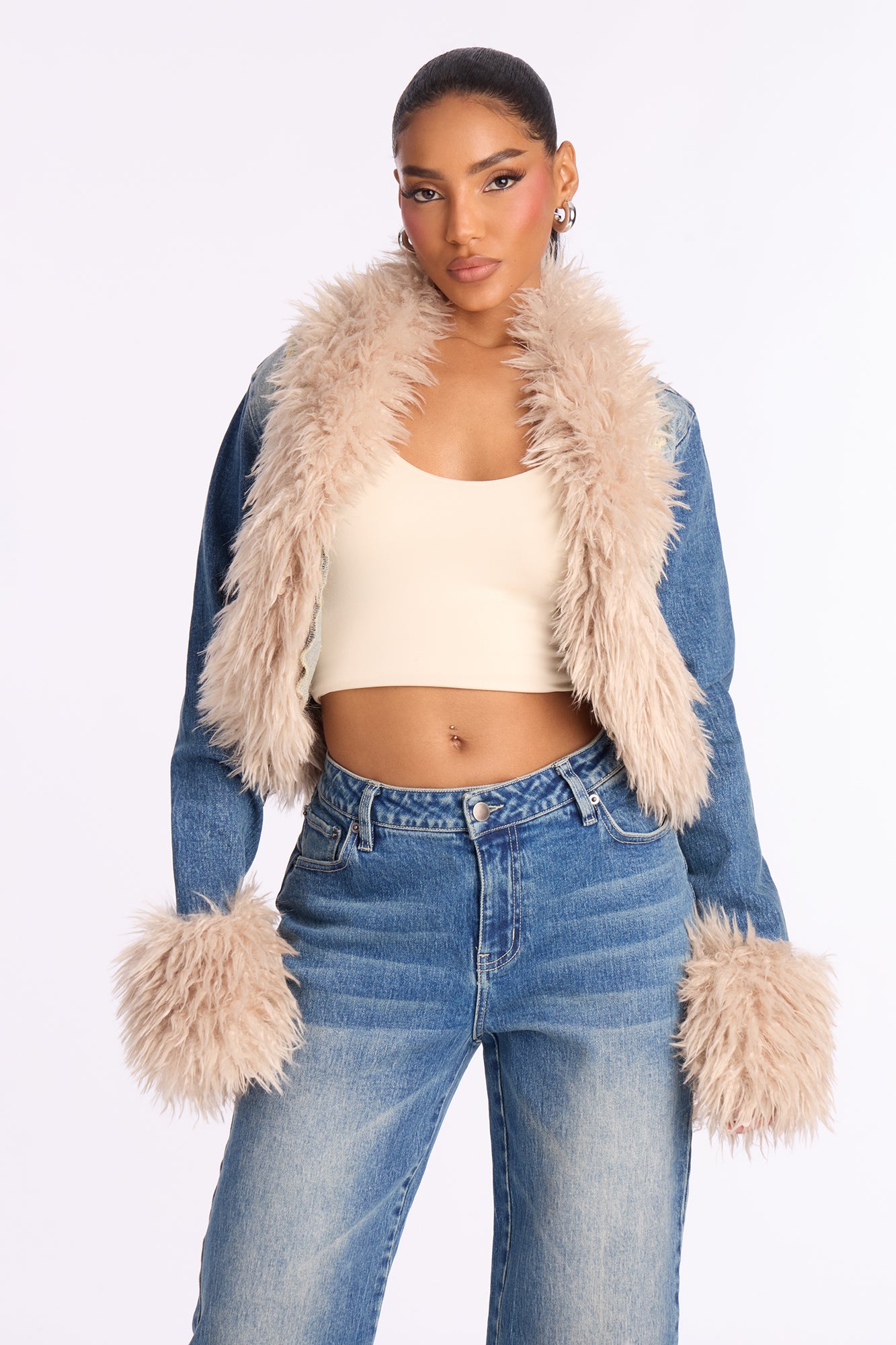 Corina Denim Faux Fur Pant Set - Medium Wash