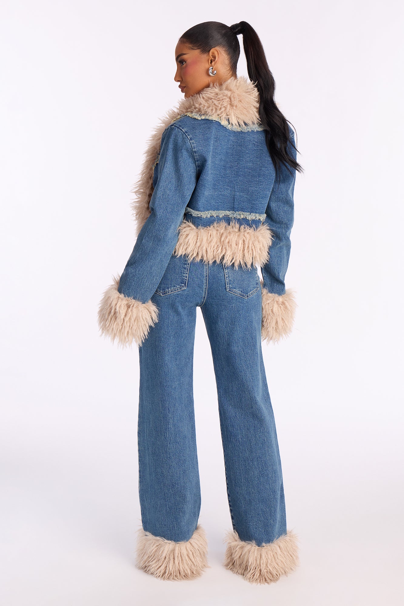 Corina Denim Faux Fur Pant Set - Medium Wash