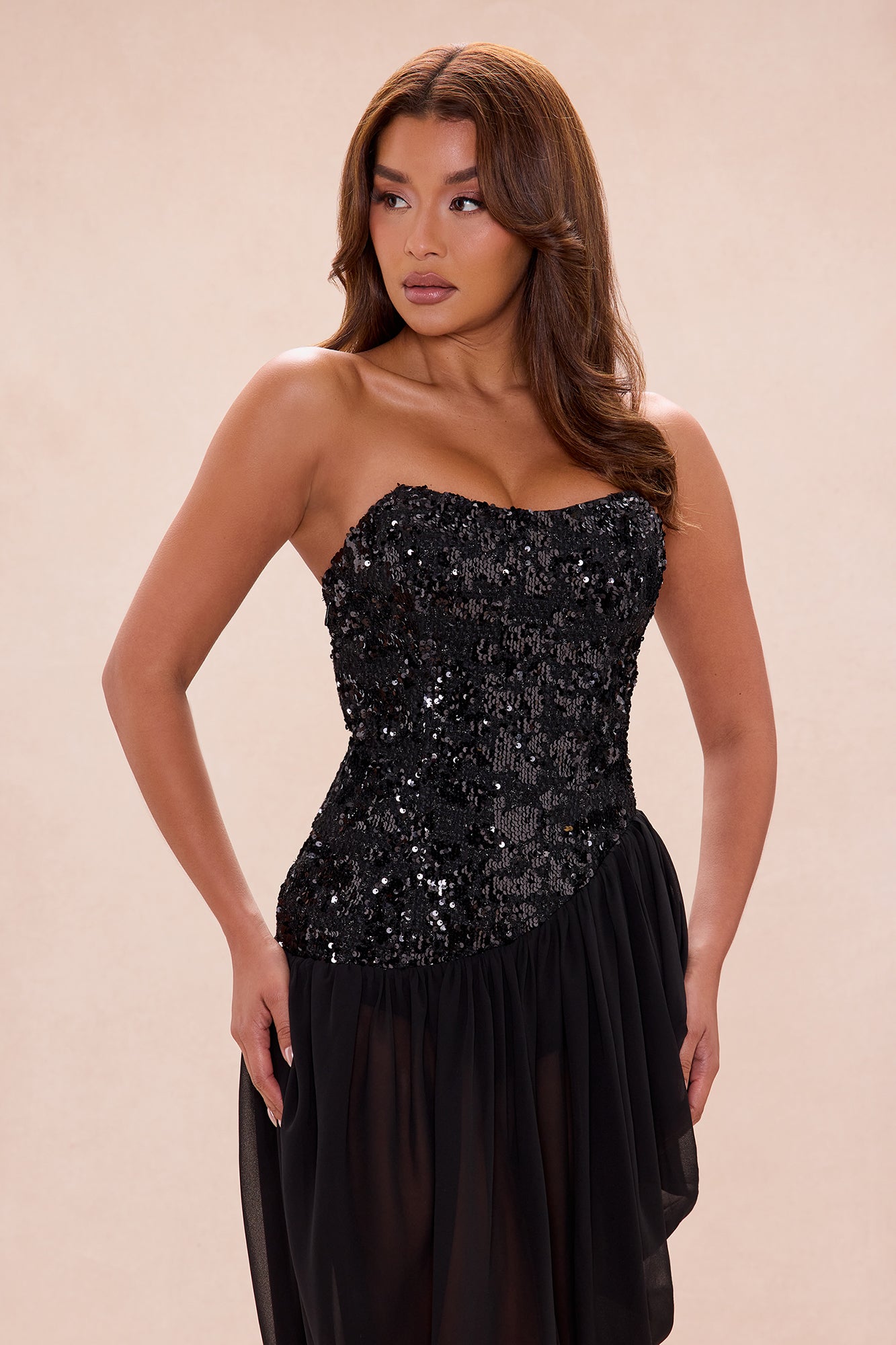 Helena Sequin Corset Draped Gown - Black