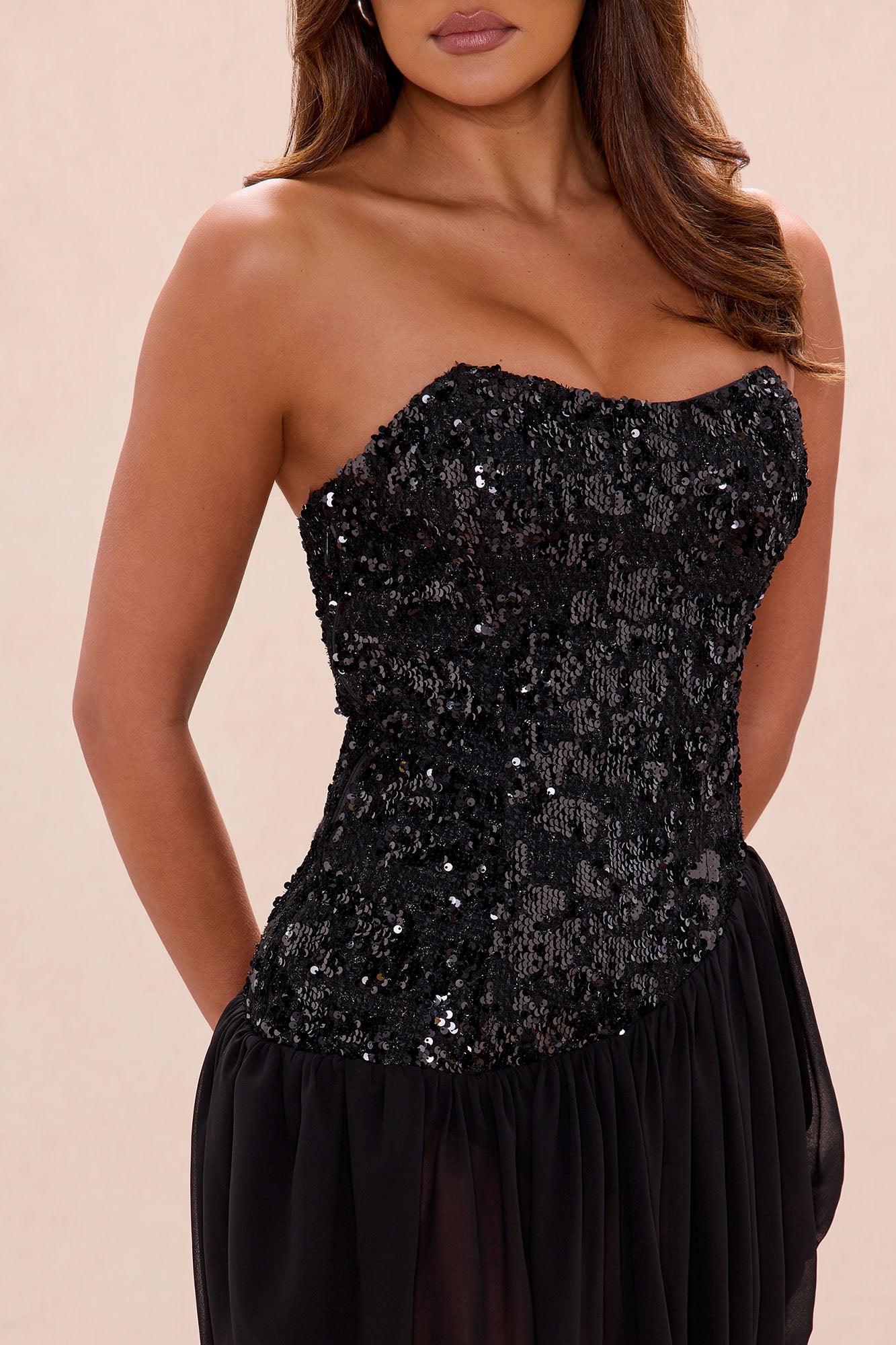 Helena Sequin Corset Draped Gown - Black