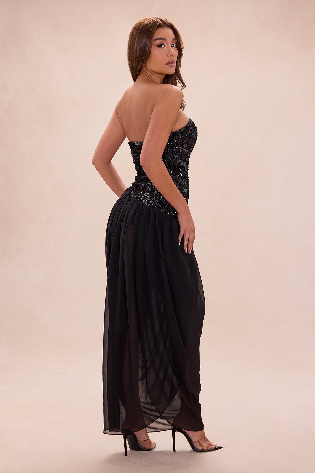 Helena Sequin Corset Draped Gown - Black