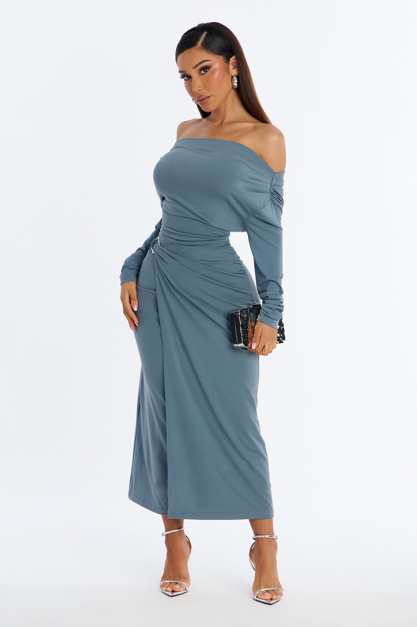Aria Off Shoulder Draped Midi Dress - Slate Blue
