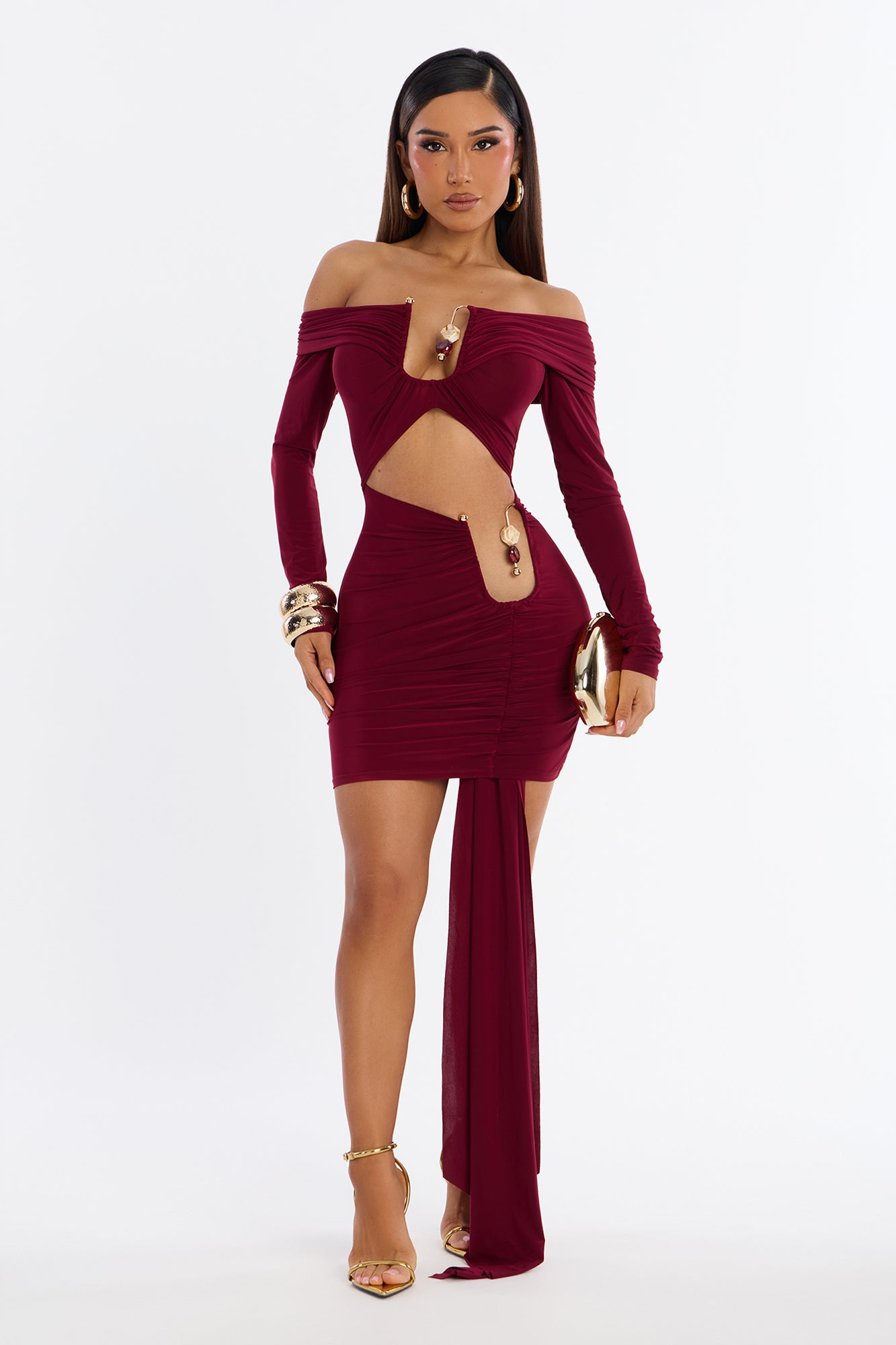 Kaylor Stone Hardware Draped Mini Dress - Wine