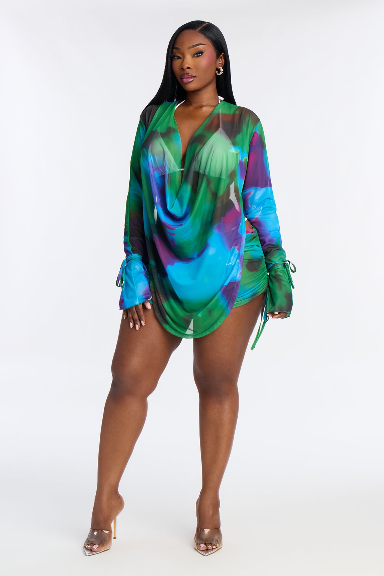 Summer Muse Cowl Neck Mesh Cover Up Mini Skirt Set - Green/combo