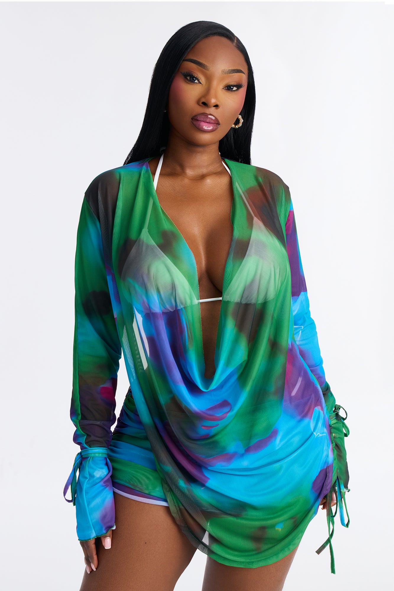 Summer Muse Cowl Neck Mesh Cover Up Mini Skirt Set - Green/combo