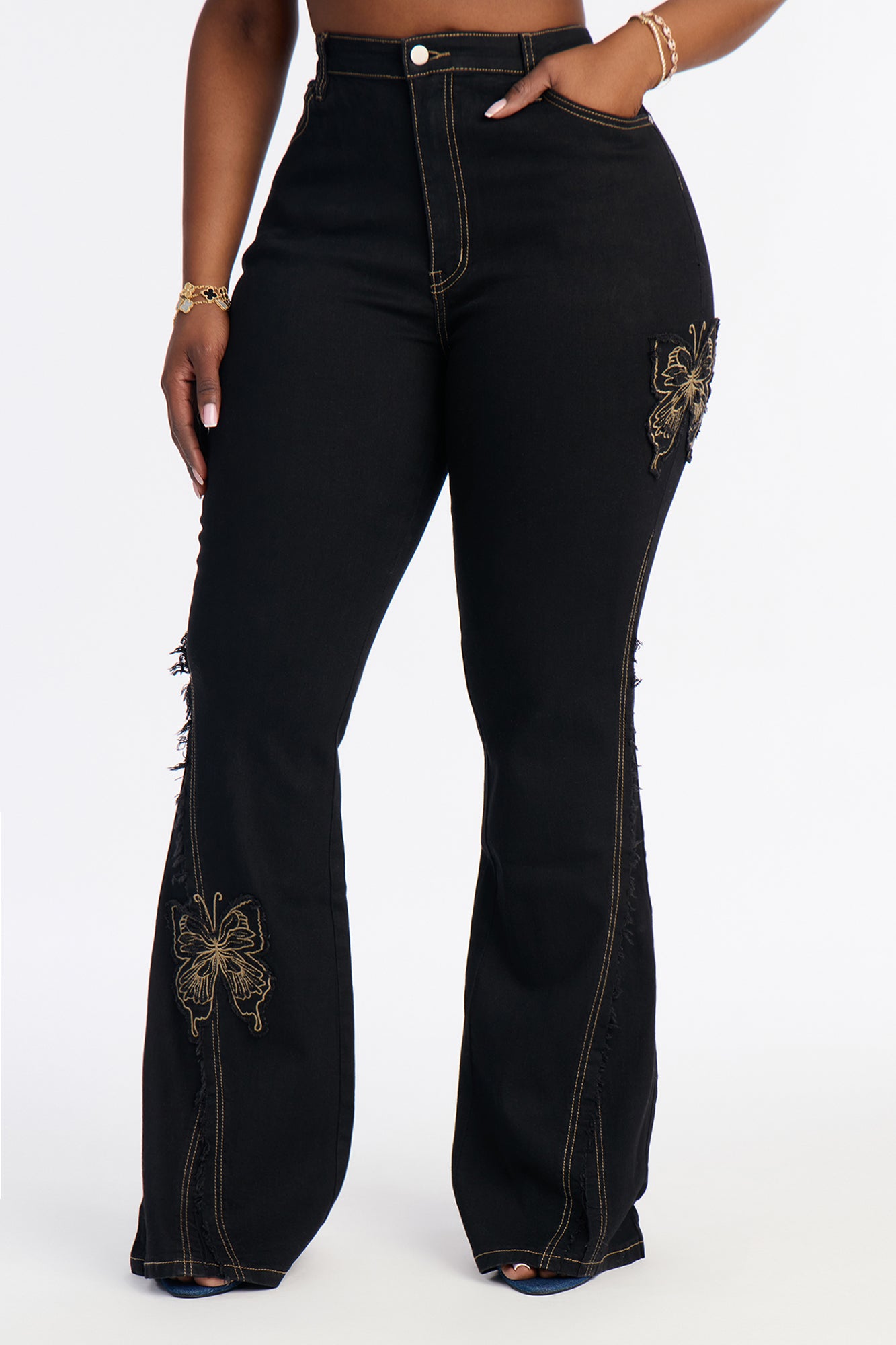 Fluttering Butterfly Low Rise Embroidered Flare Jeans - Black