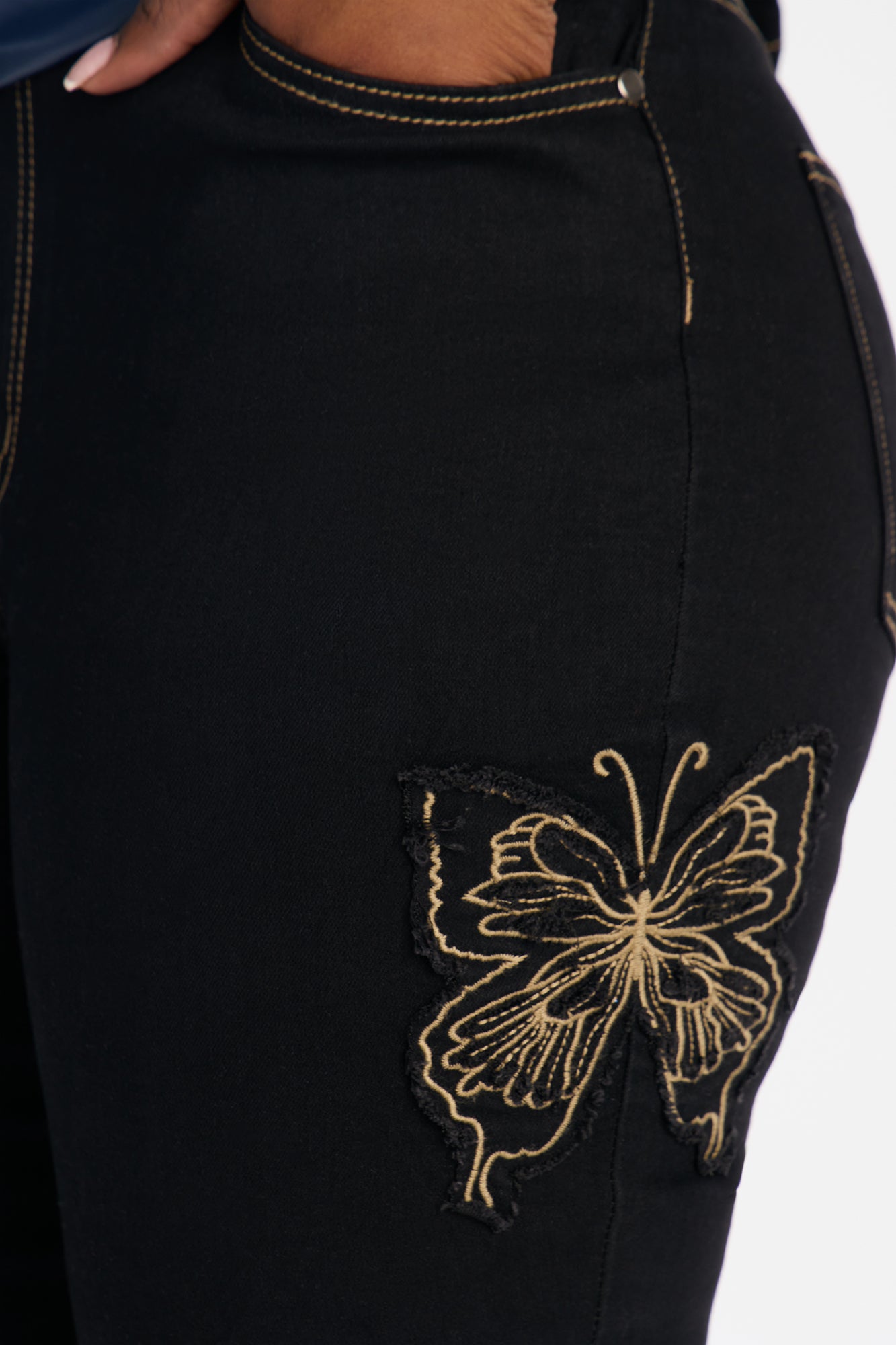 Fluttering Butterfly Low Rise Embroidered Flare Jeans - Black