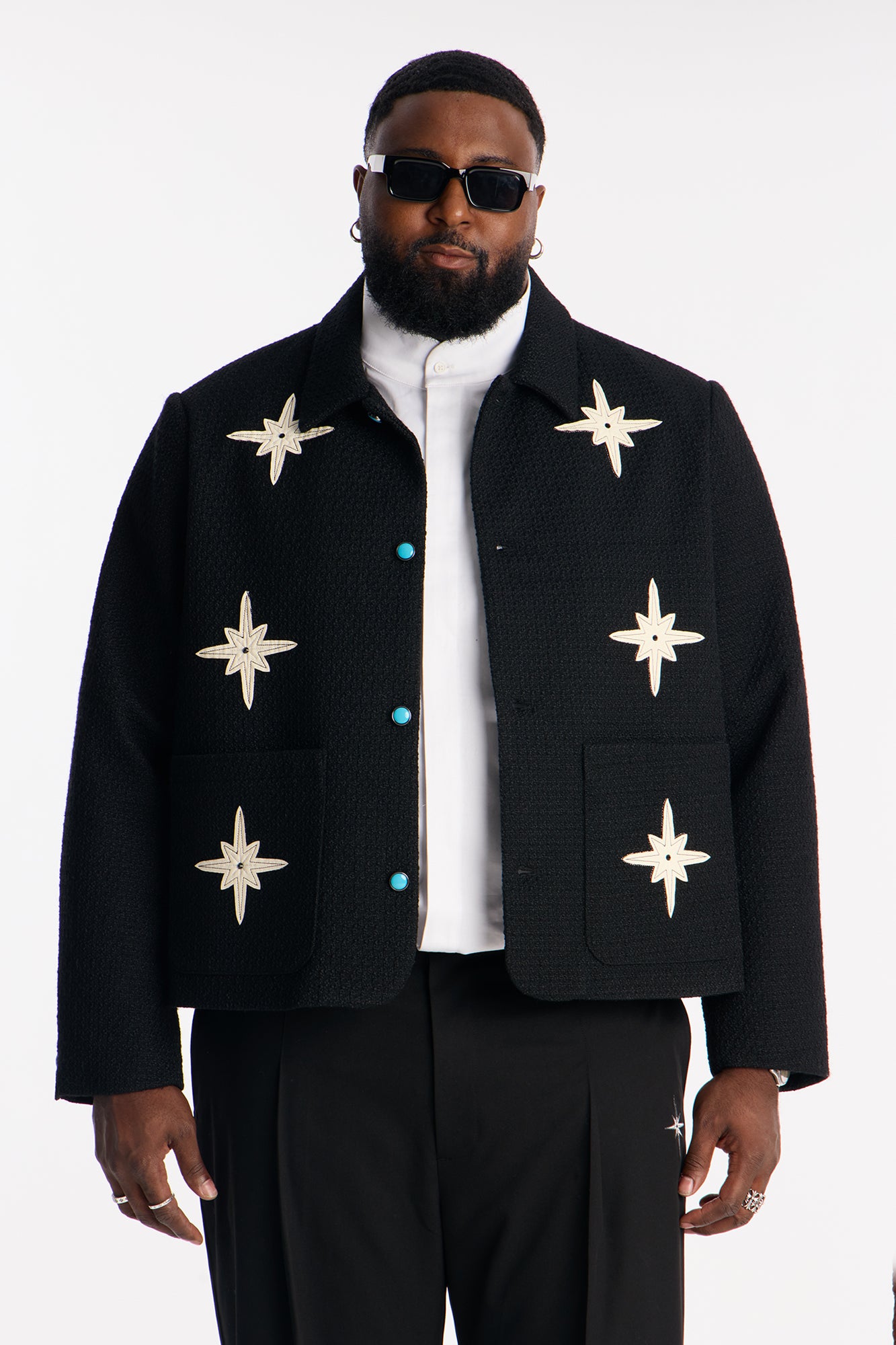 Cropped Tweed Bright Etoile Button Up Jacket - Black