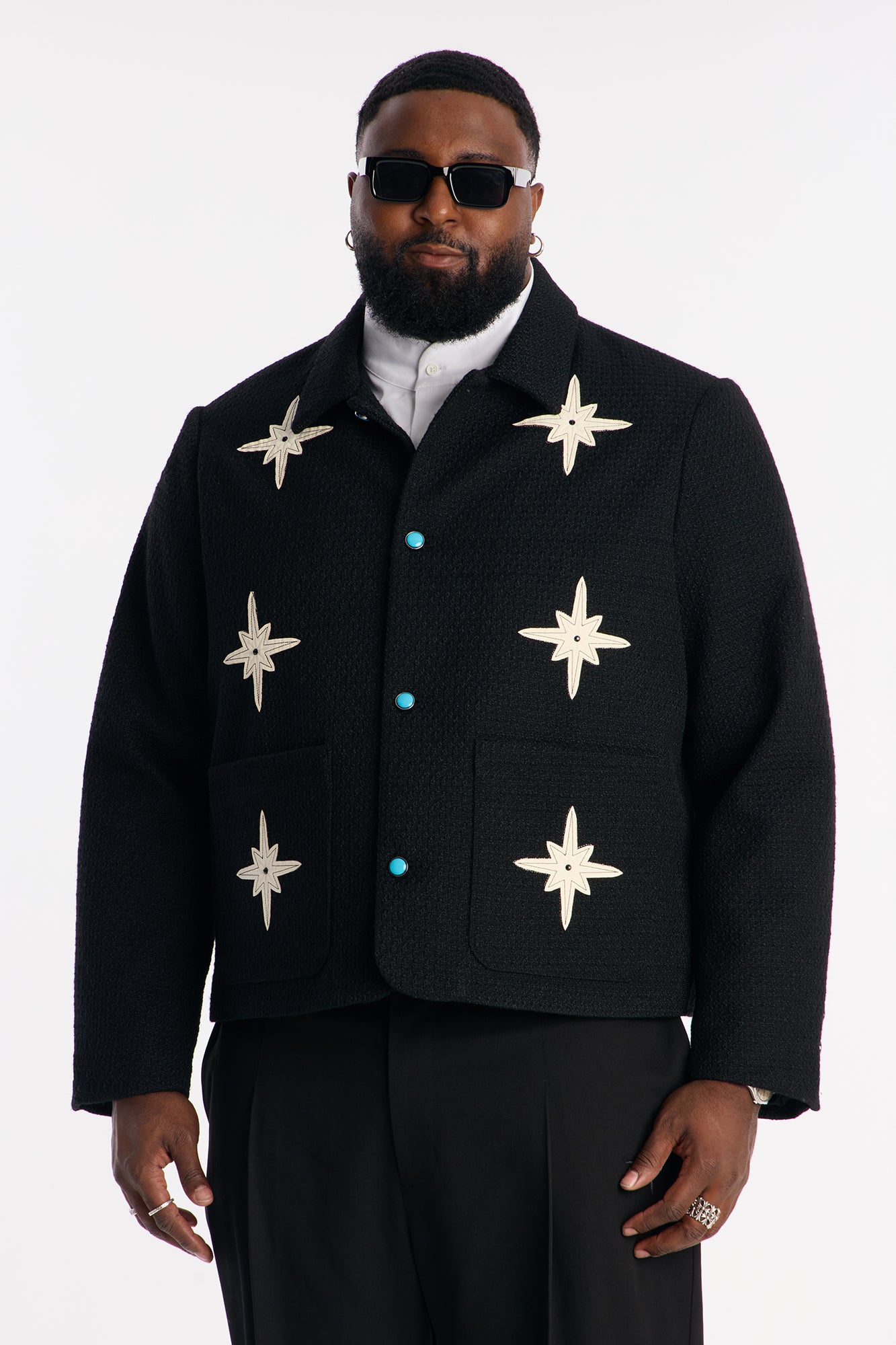 Cropped Tweed Bright Etoile Button Up Jacket - Black