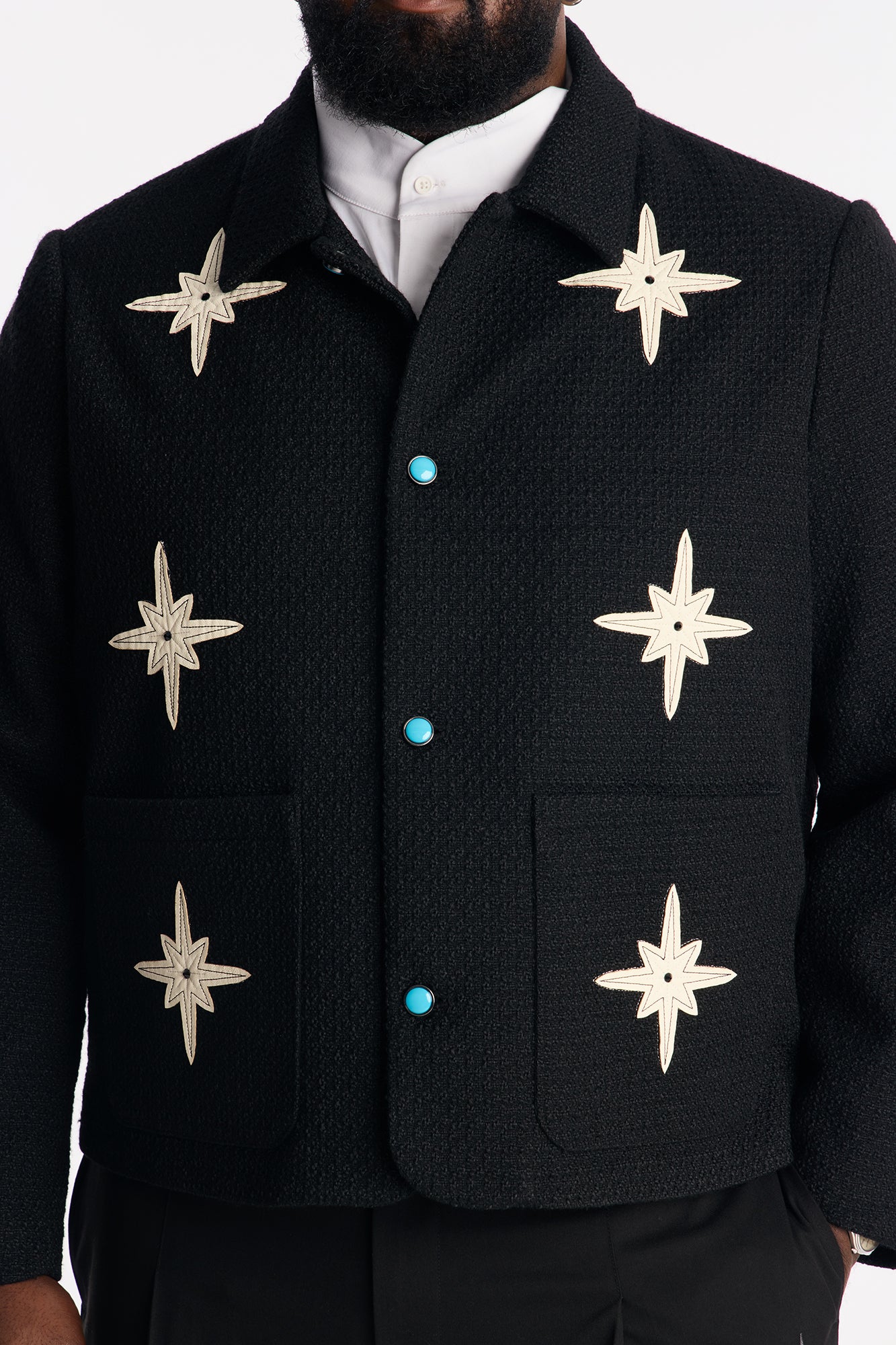 Cropped Tweed Bright Etoile Button Up Jacket - Black