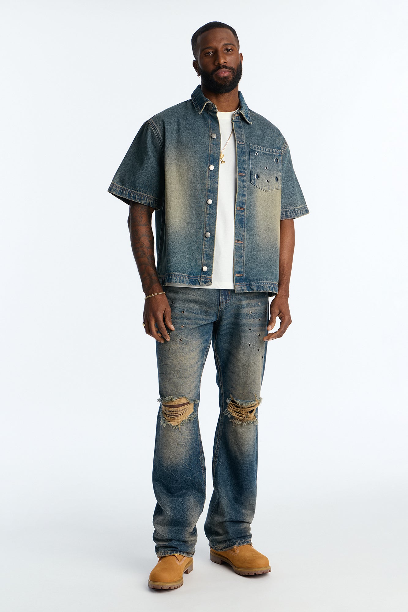Stacked Slim Flare Looking Out Distressed Grommet Jean - Dark Wash