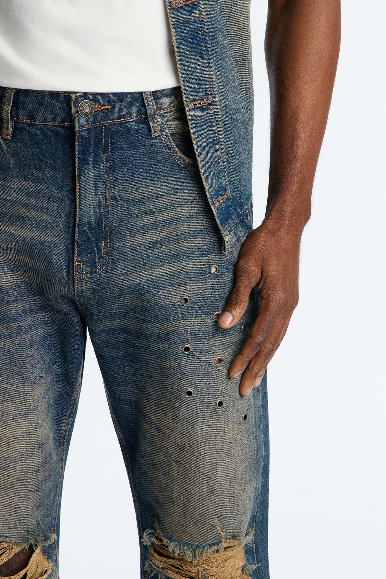 Stacked Slim Flare Looking Out Distressed Grommet Jean - Dark Wash
