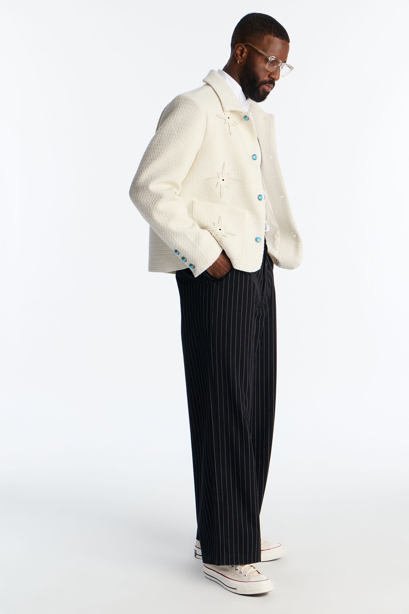 Cropped Tweed Bright Etoile Button Up Jacket - Off White