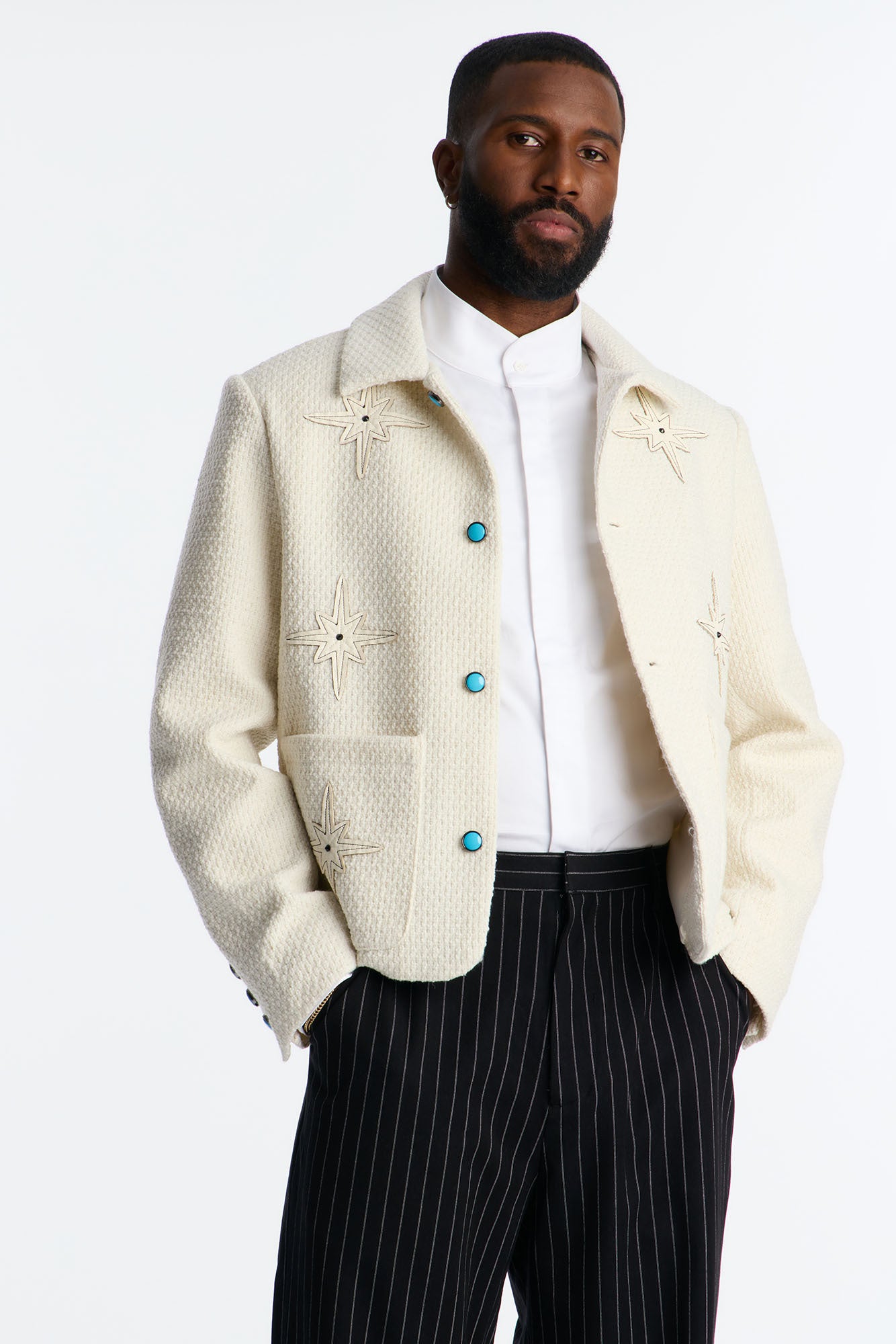 Cropped Tweed Bright Etoile Button Up Jacket - Off White