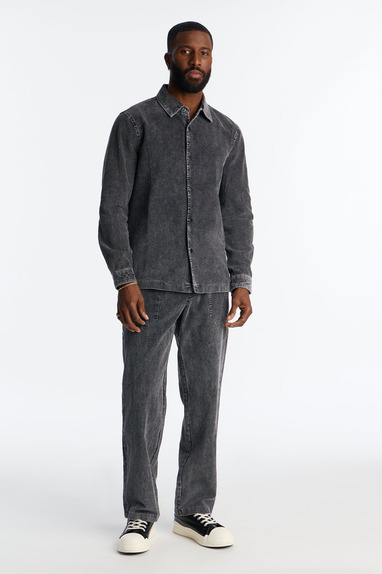 Chi Town Corduroy Button Up Shirt - Acid Wash Black