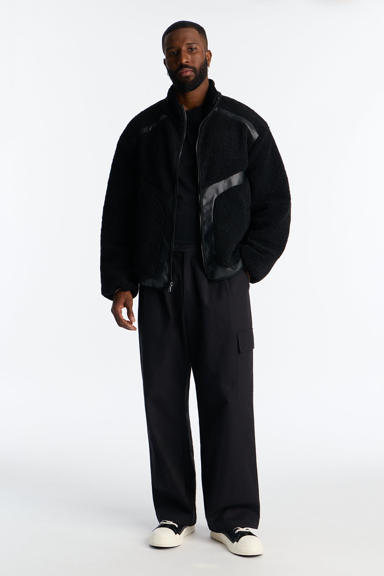 Oversized Sherpa Faux Leather Paneled Jacket - Black