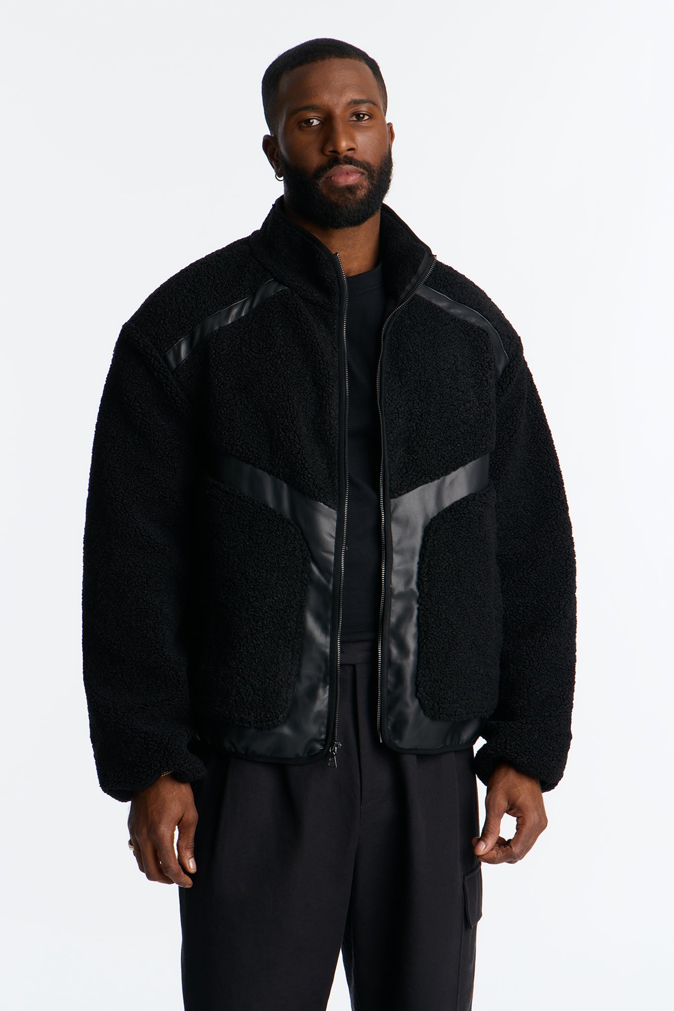 Oversized Sherpa Faux Leather Paneled Jacket - Black