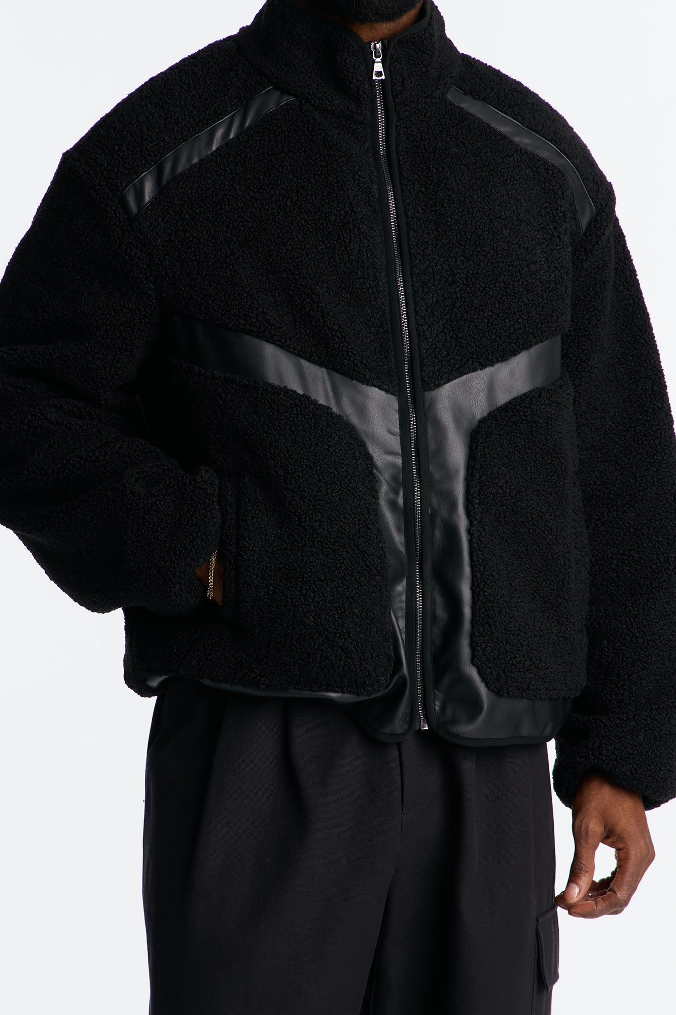 Oversized Sherpa Faux Leather Paneled Jacket - Black