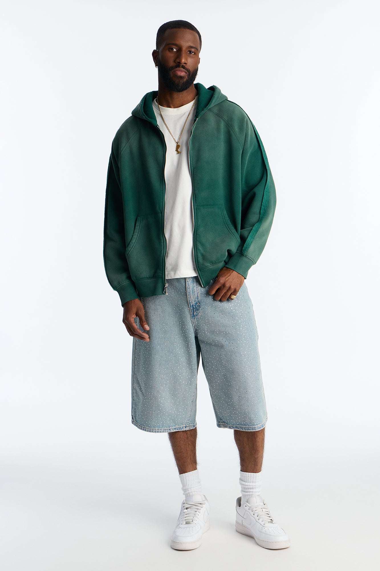 Extra Raw Faded Distressed Zip Up Hoodie - Green