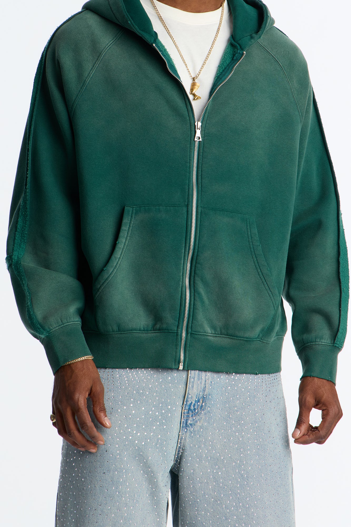 Extra Raw Faded Distressed Zip Up Hoodie - Green