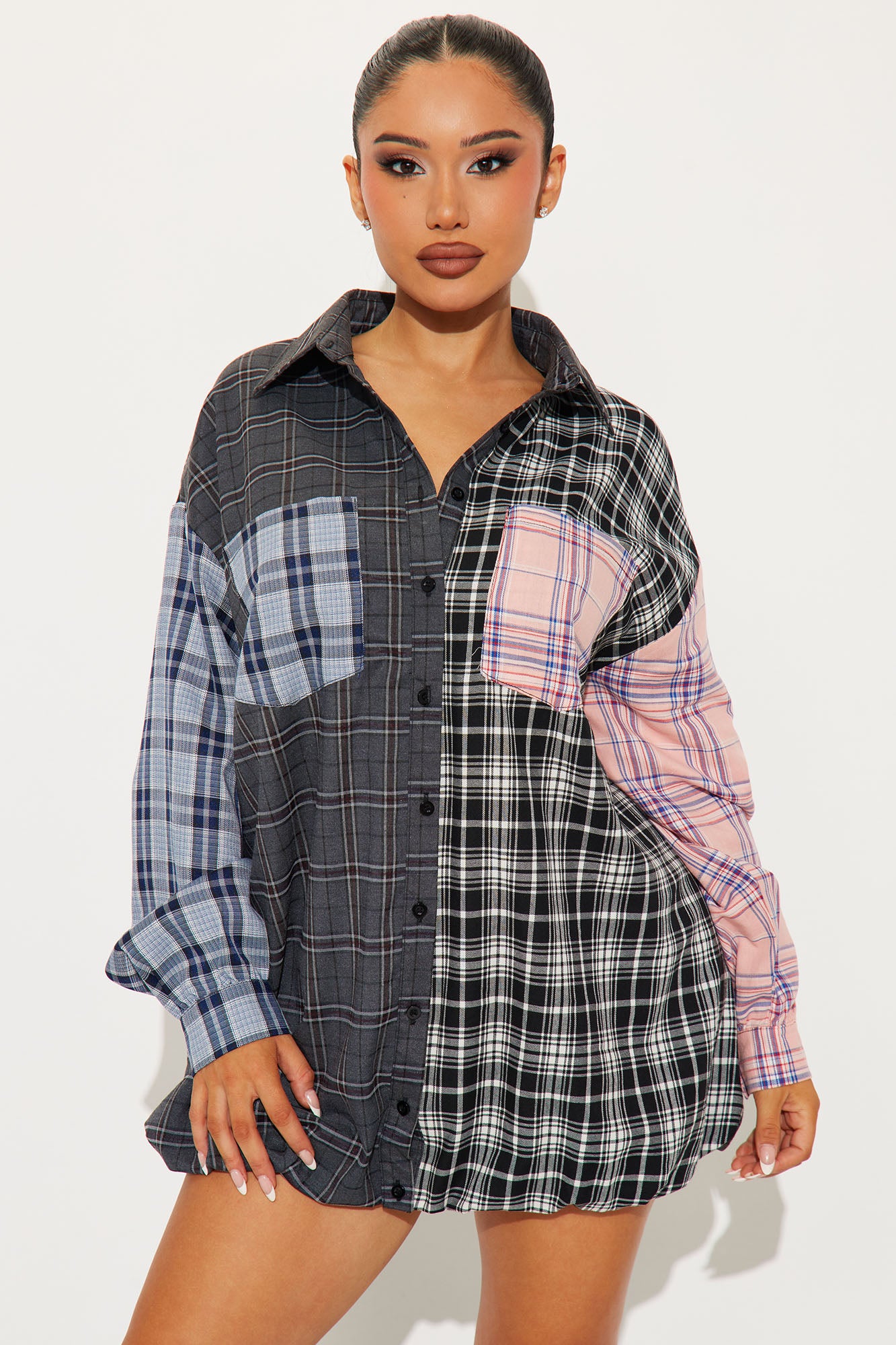 Lennox Plaid Bubble Micro Mini Dress - Grey/combo