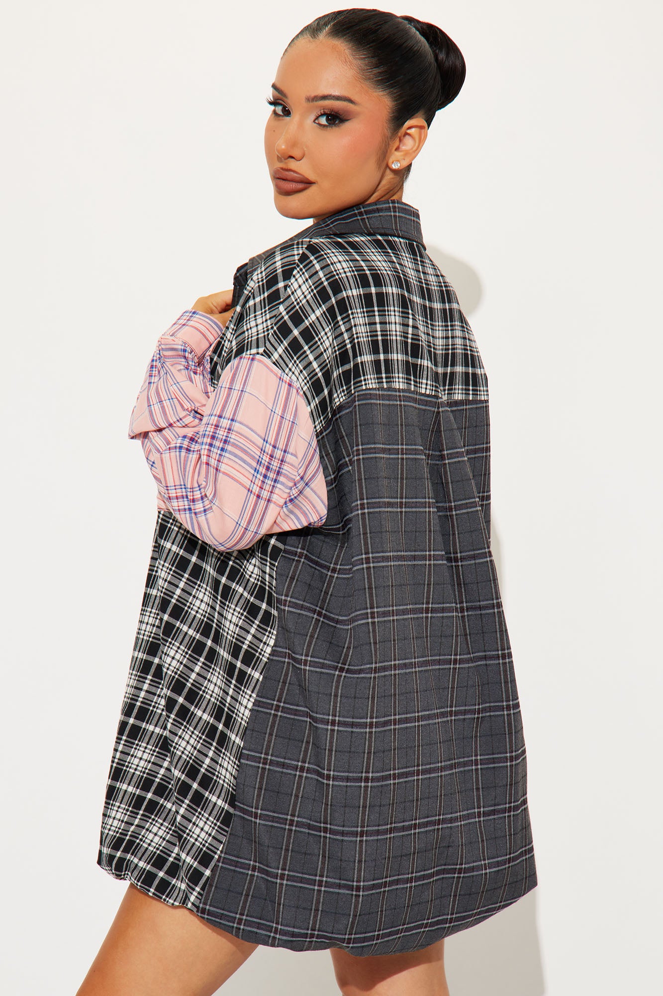 Lennox Plaid Bubble Micro Mini Dress - Grey/combo
