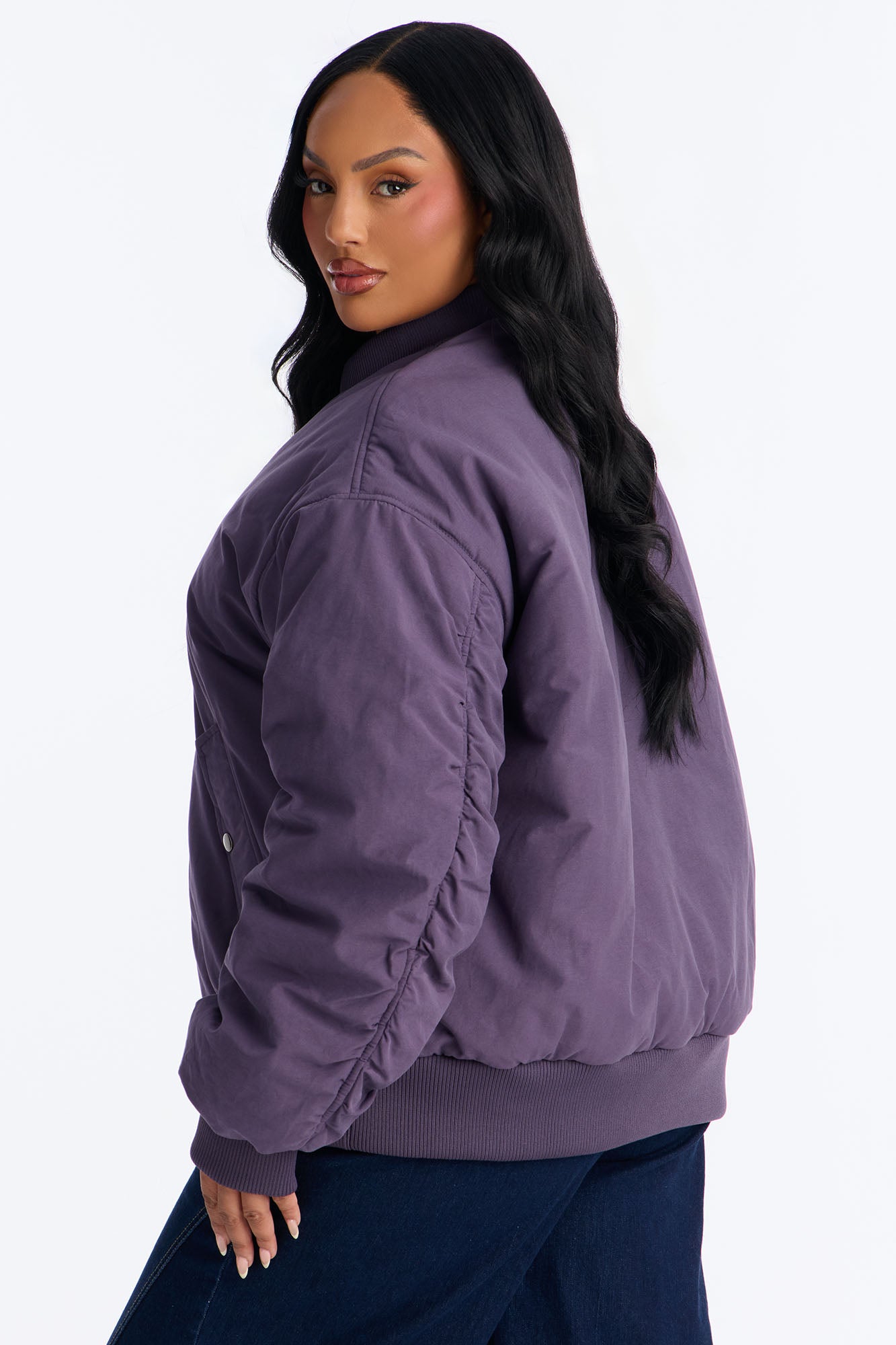 Juno Oversized Barrel Sleeve Bomber Jacket - Eggplant