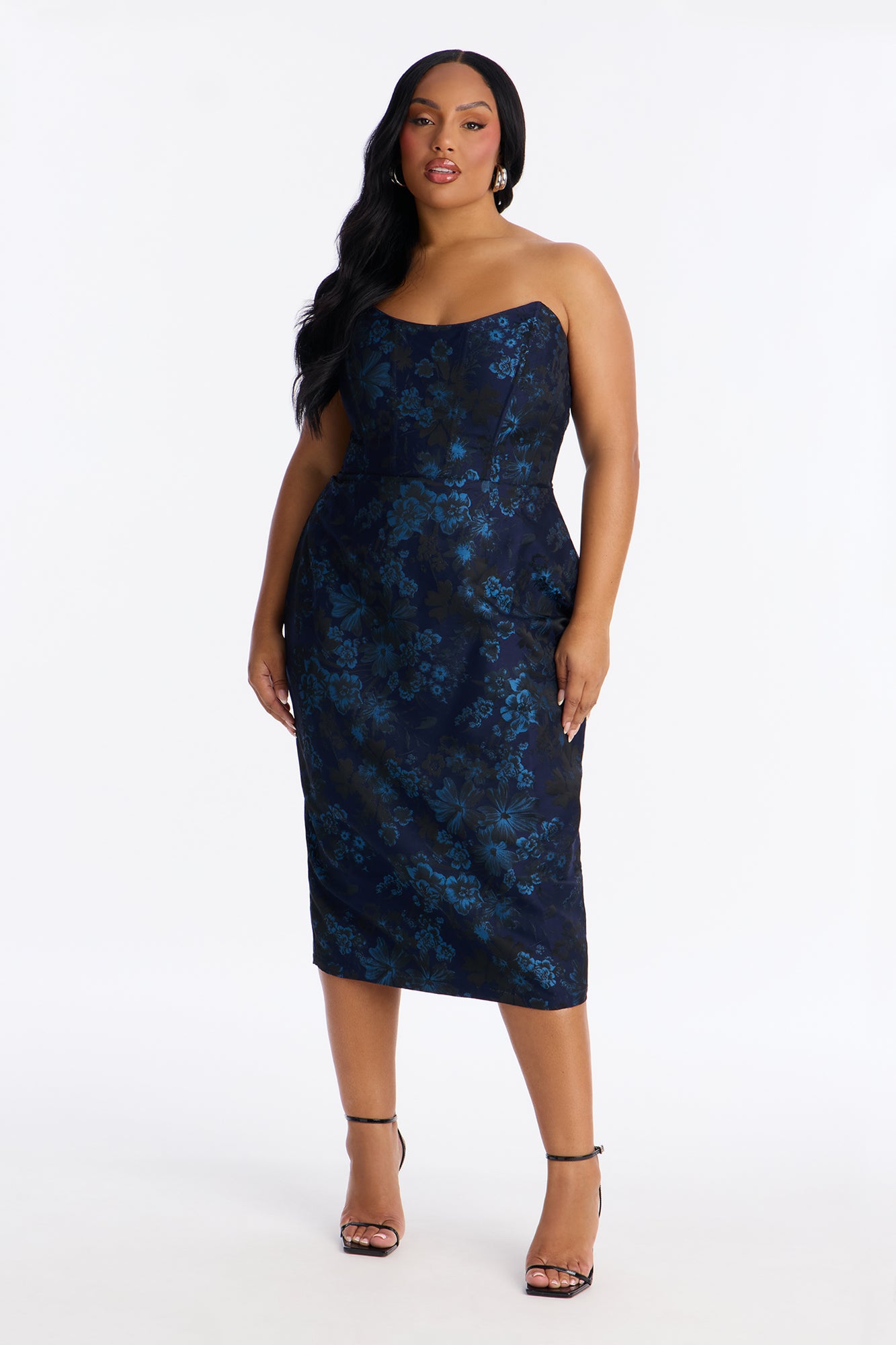 Adeline Corset Waist Jacquard Midi Dress - Navy