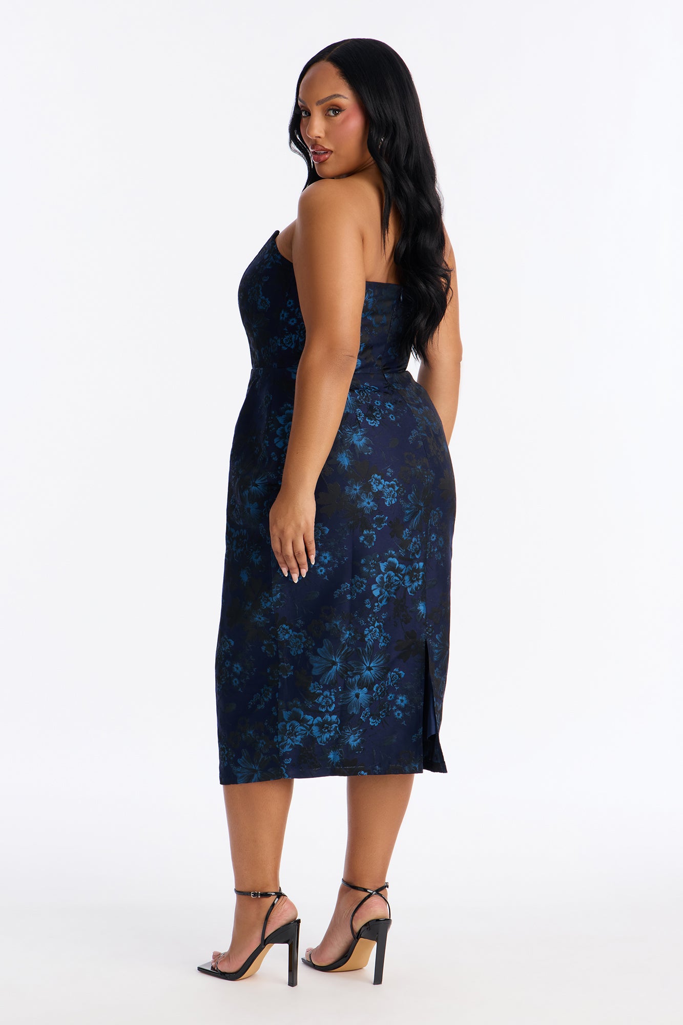 Adeline Corset Waist Jacquard Midi Dress - Navy