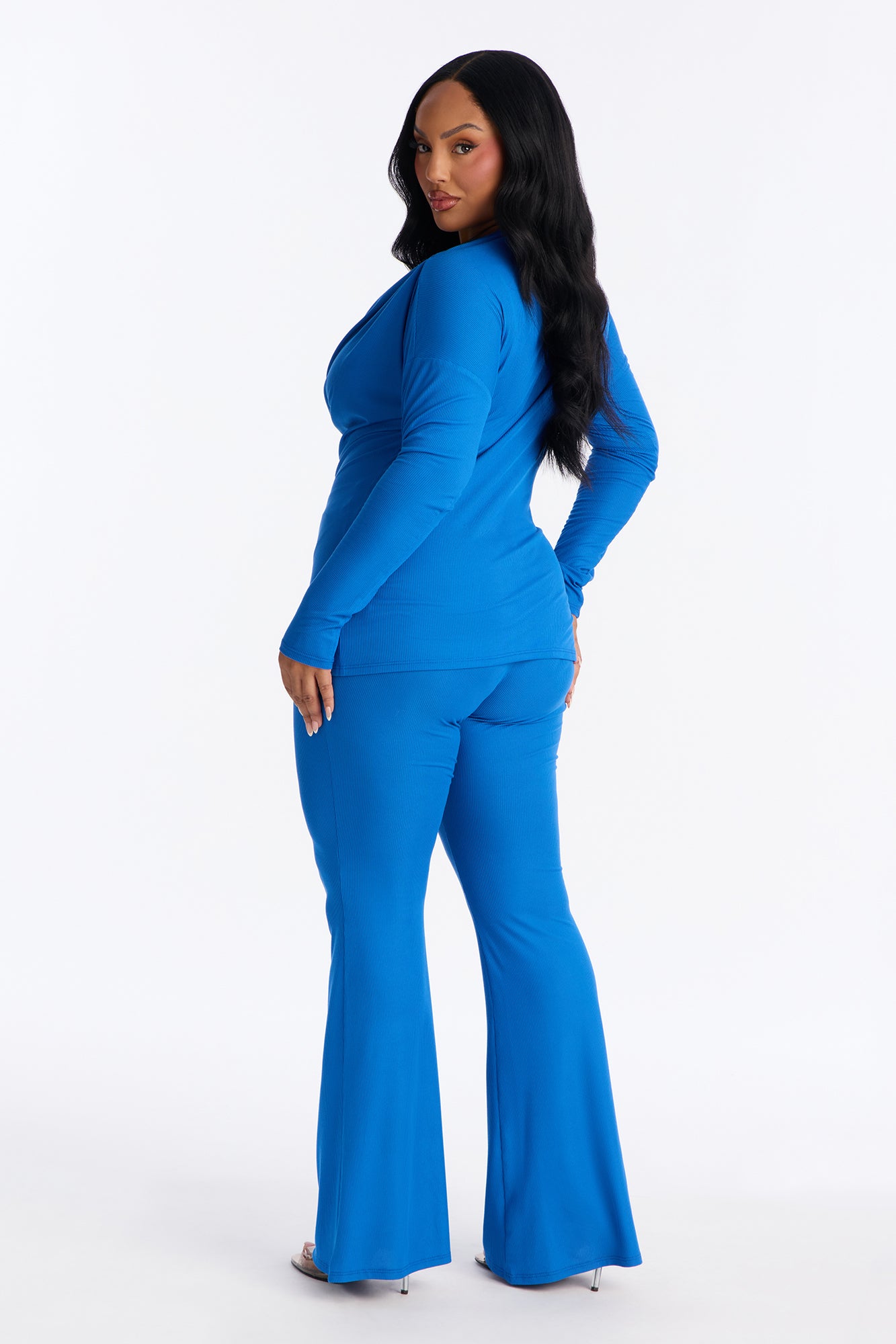 Karol Ribbed Cowl Neck Pant Set - Blue